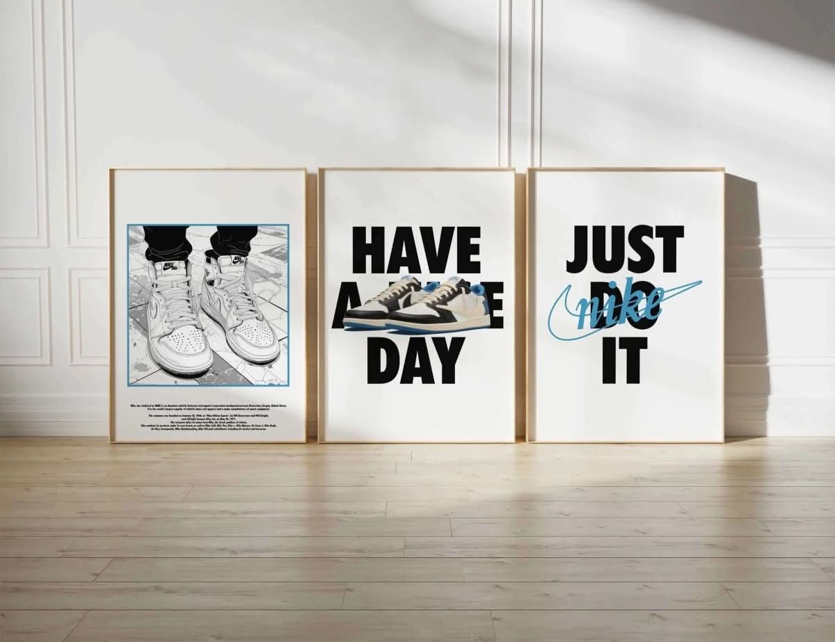 Nike Sneaker Wall Art Set of 3 highlighting iconic sneaker graphic with detailed background.
