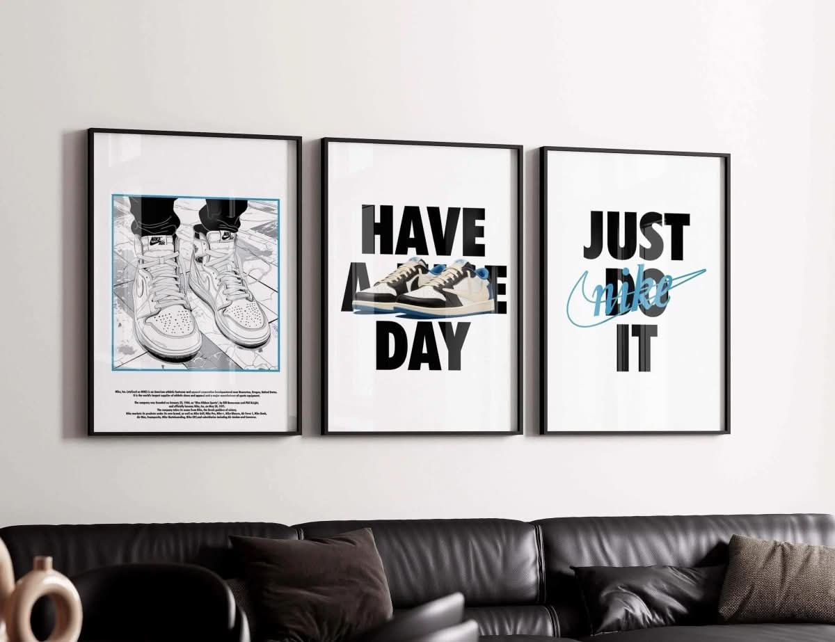 Nike Sneaker Wall Art Set of 3 featuring large typography with urban sneaker designs.