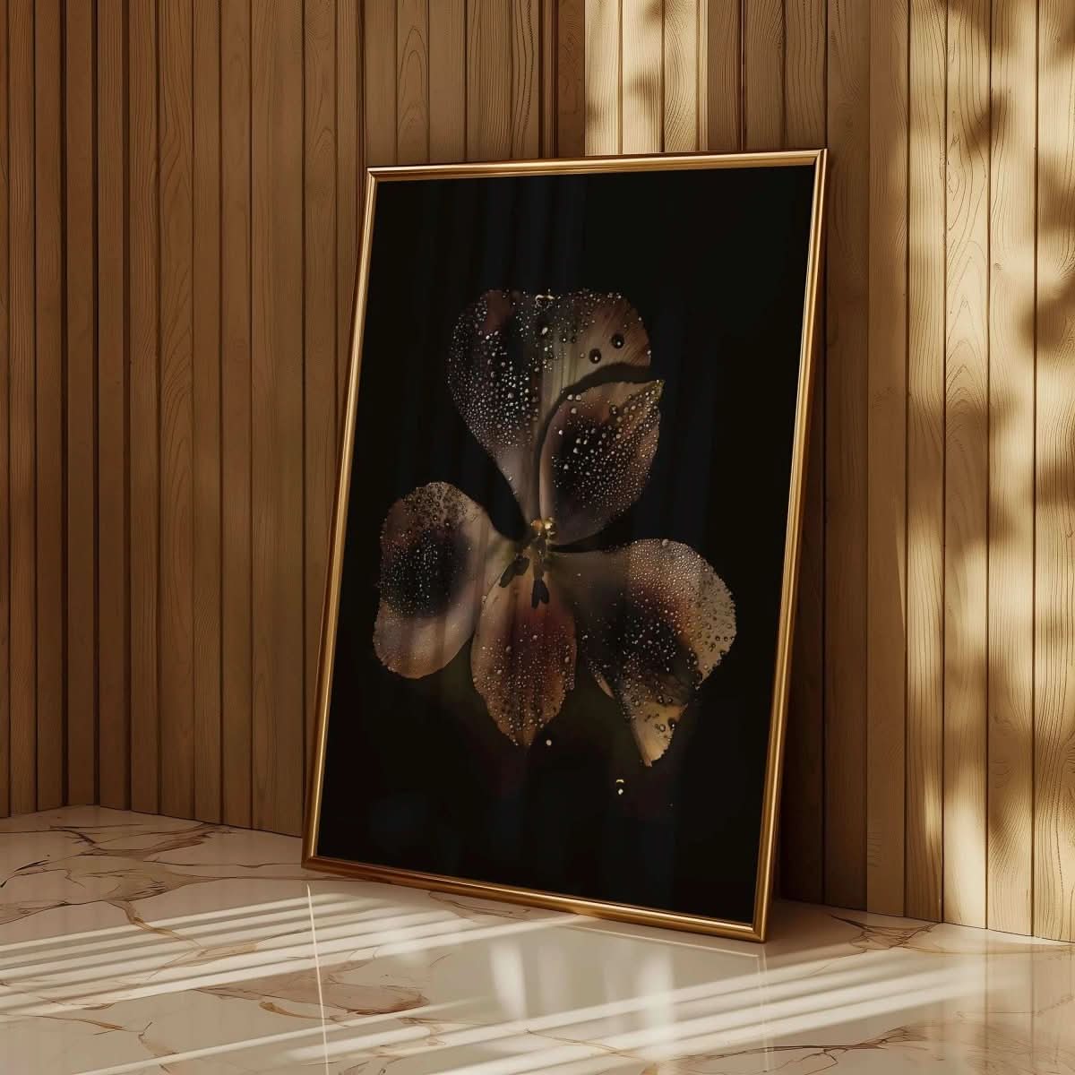 Noir Orchid - Botanical Printable Art framed against wooden panels, highlighting its artistic elements and luxury feel.