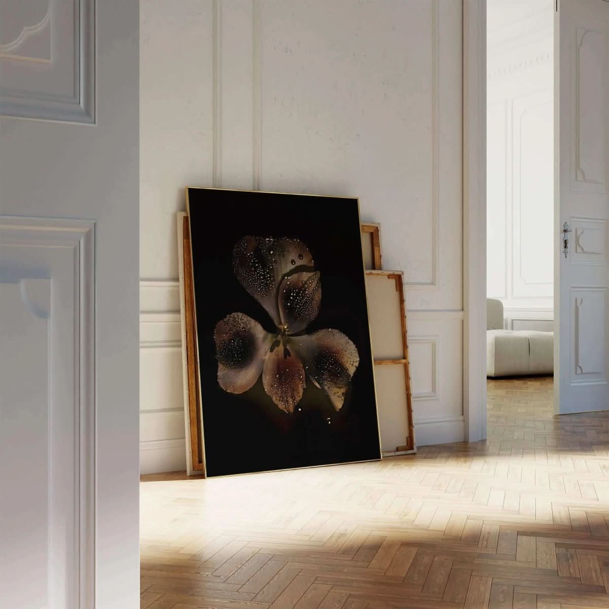 Noir Orchid - Botanical Printable Art leaning against a wall, showcasing its captivating design in a minimalistic space.
