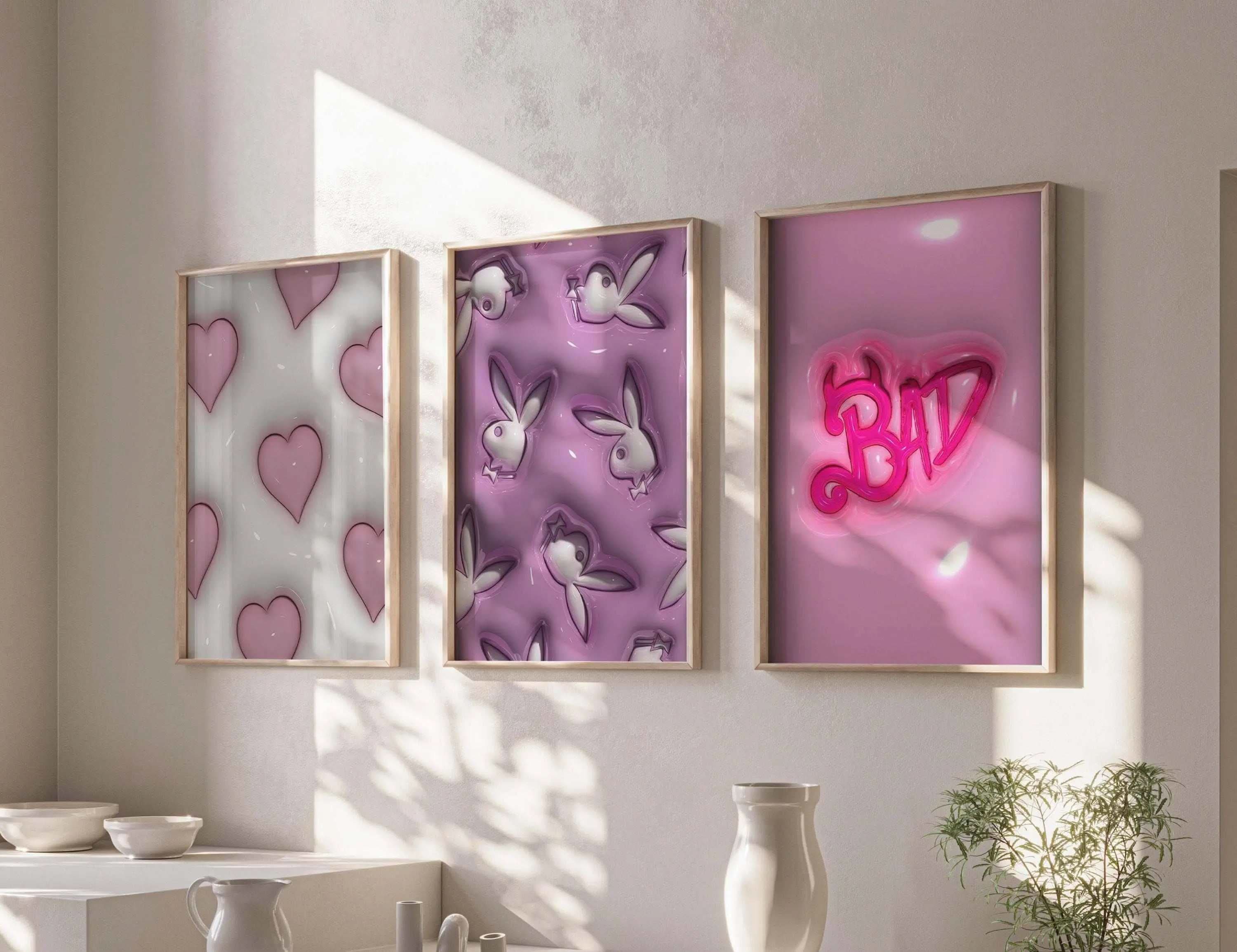 PINK Hypebeast 3D Poster Set of 3 showcasing vibrant hearts in a playful design framed elegantly.