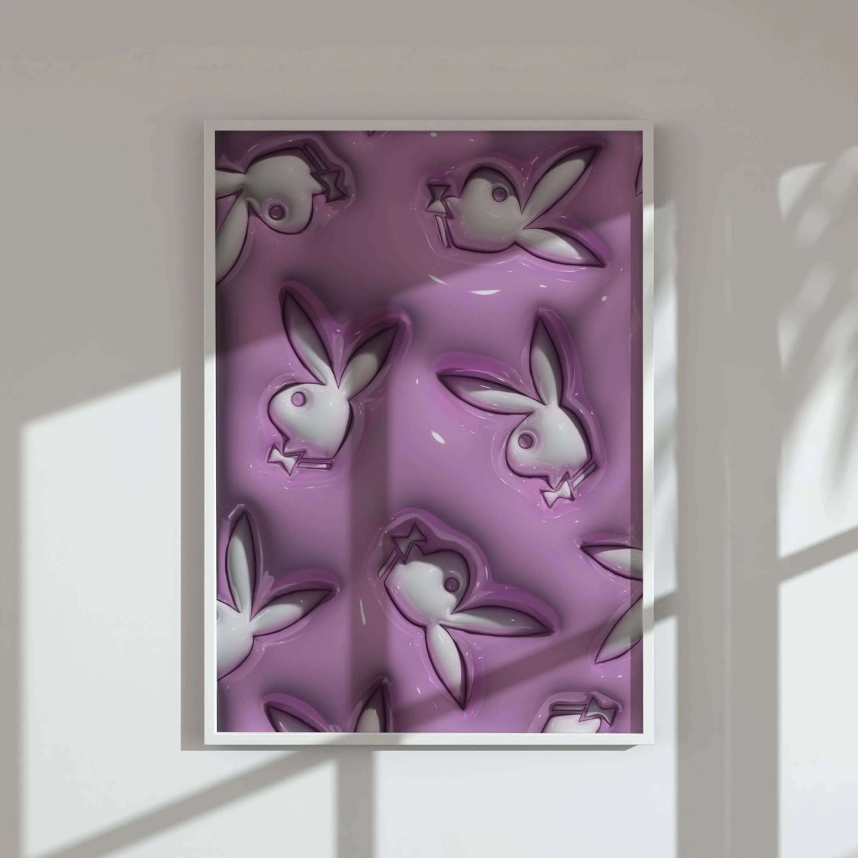 PINK Hypebeast 3D Poster Set of 3 featuring bold streetwear digital wall art in purple tones, framed in a modern living room — Haus of Prints.