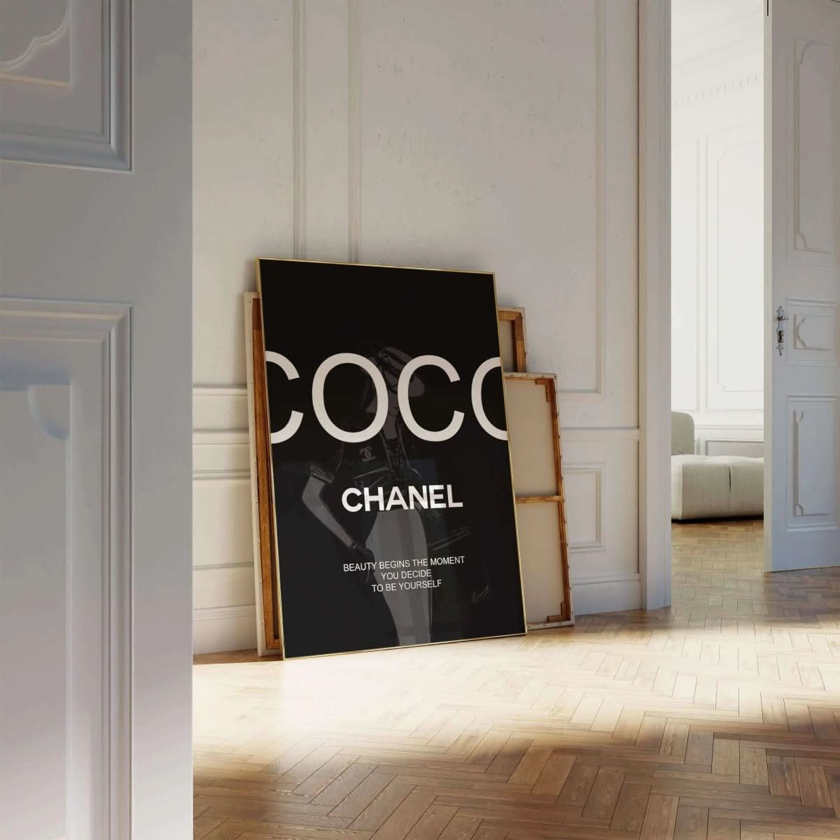 Parisian Statement print leaning against a wall, showcasing its striking black backdrop and simple typography.