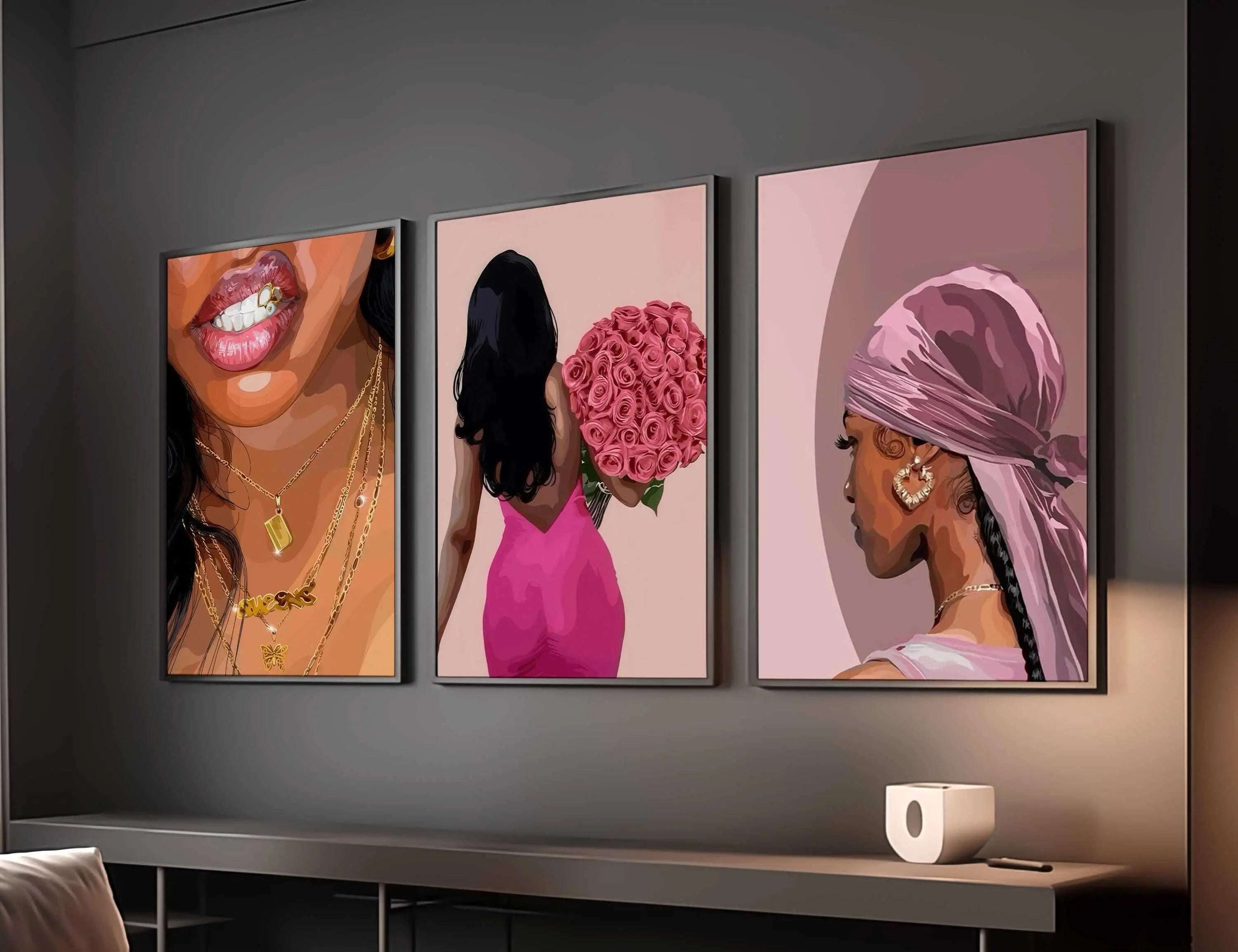 Pink Black Women Wall Art Set of 3 featuring Afrocentric digital wall art and printable art in a modern living room by Haus of Prints.