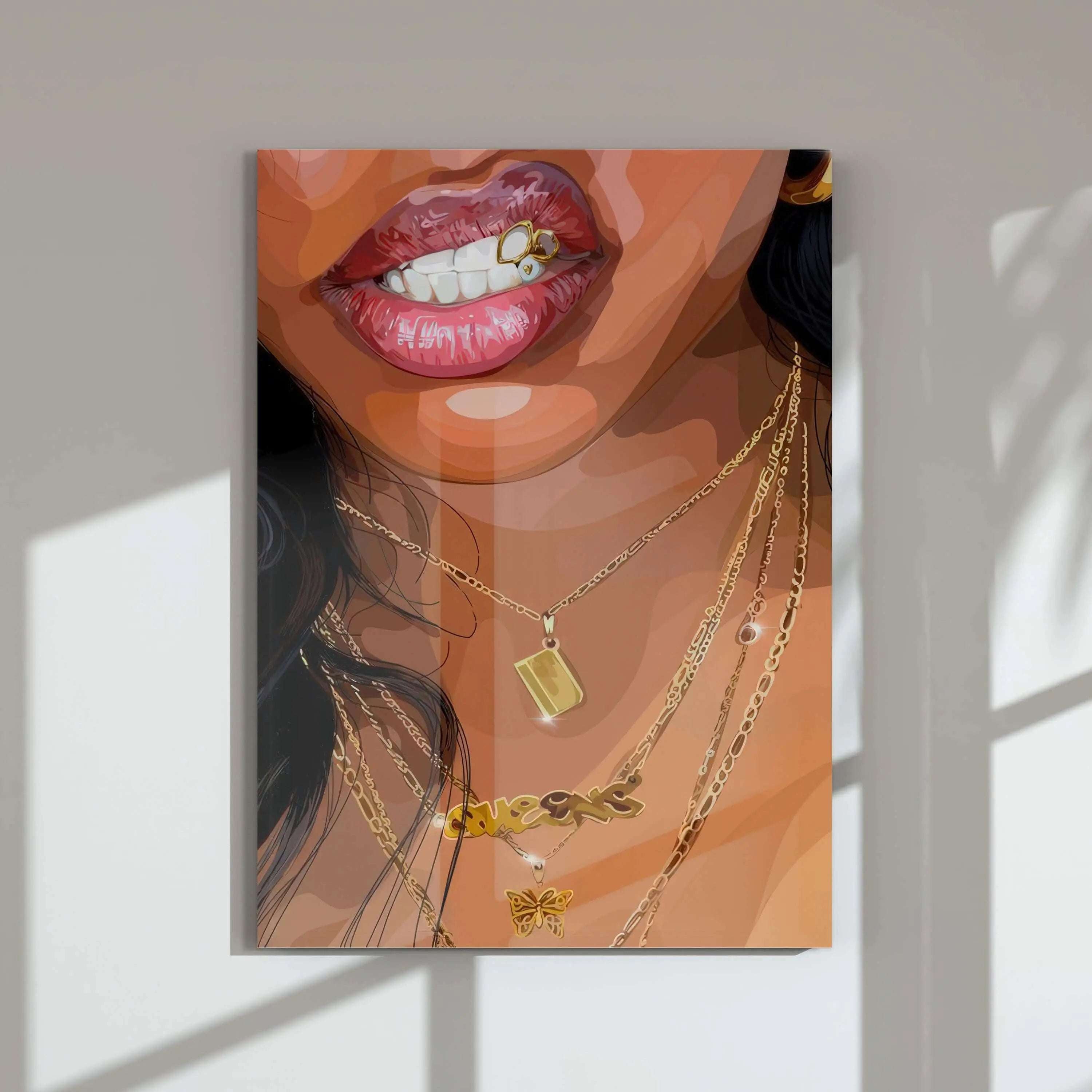 Pink Black Women Wall Art Set of 3 featuring Afrocentric digital wall art with gold jewelry detail in a modern living room — Haus of Prints.