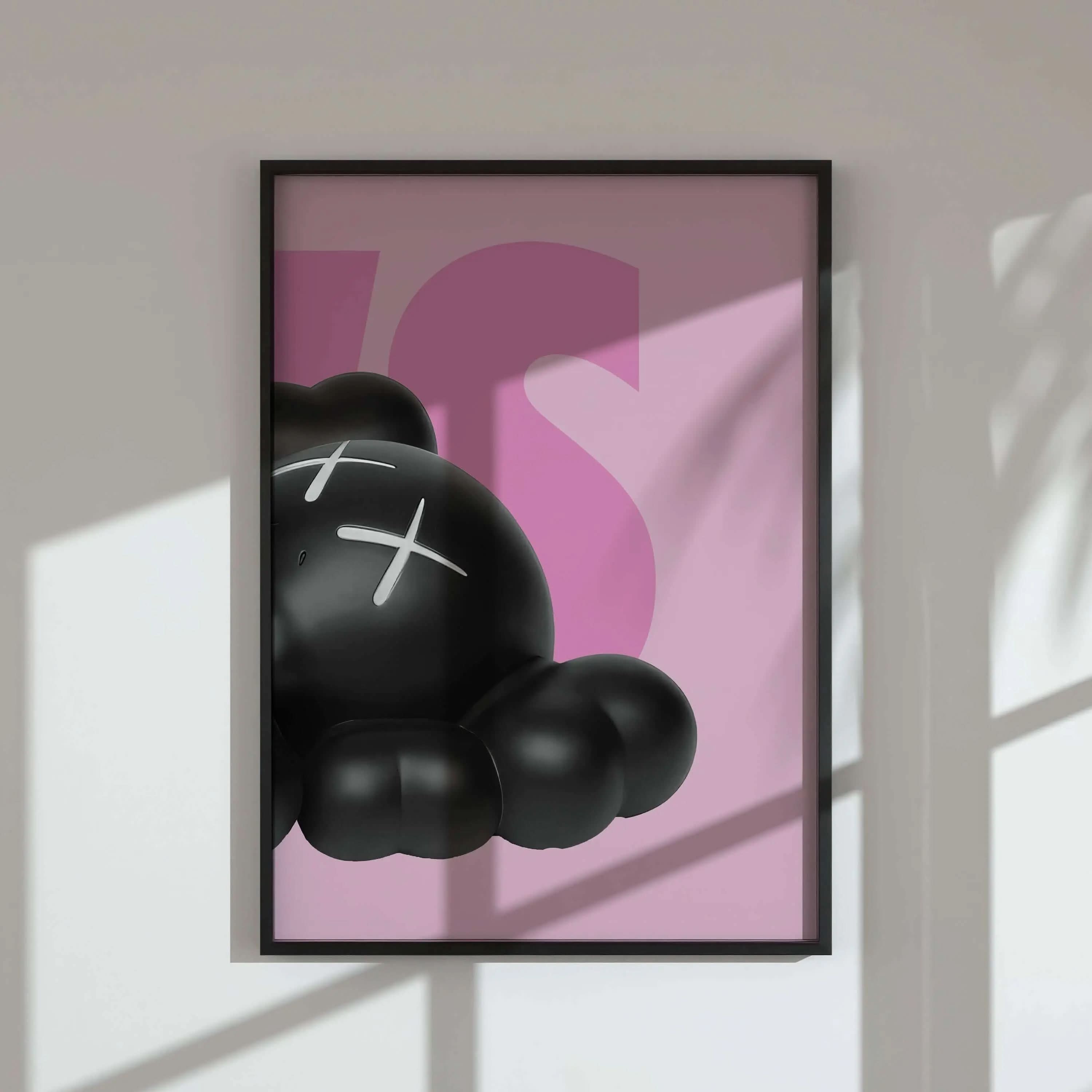 KAWS artwork with a black figure on a pink background, showcasing digital download options and modern aesthetics.