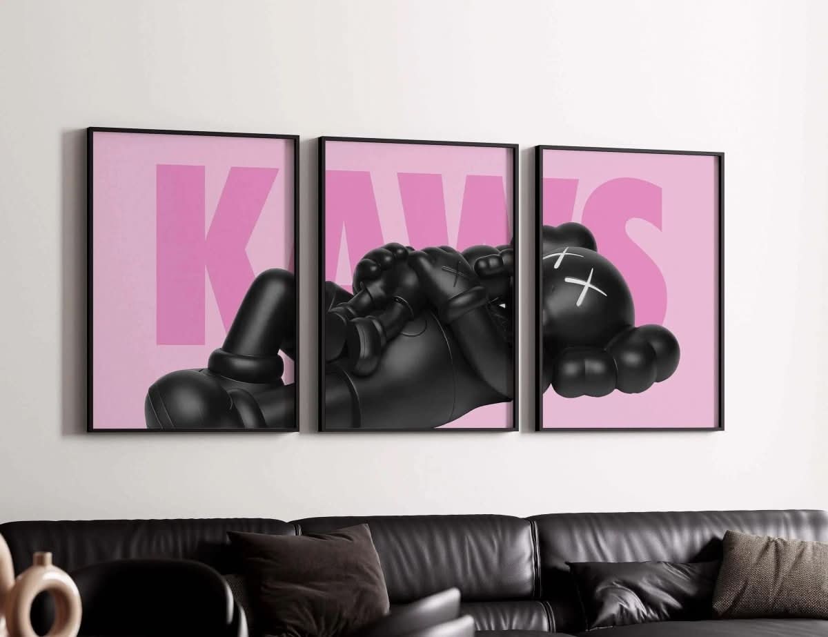 Stylish depiction of KAWS figurine on pink, showcasing modern art in a vibrant home setting.