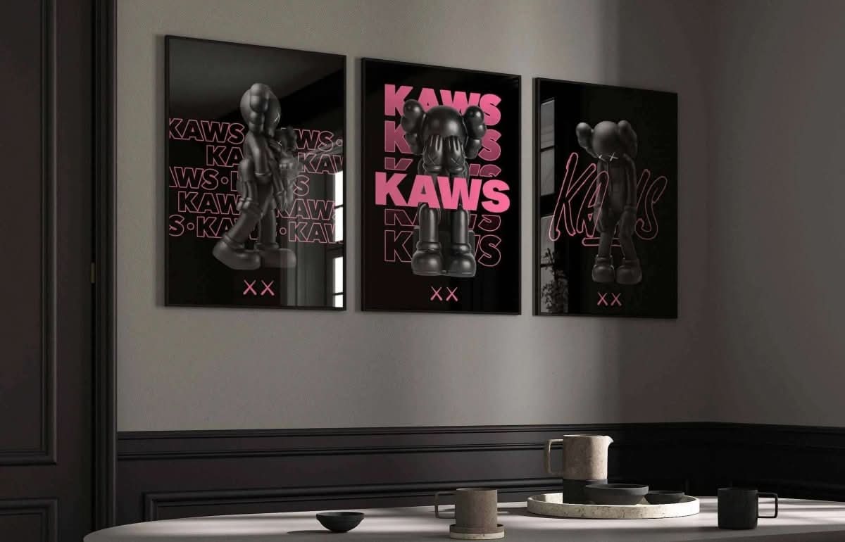 Modern KAWS artwork in Pink Hypebeast Poster Set, bold pink typography against black backdrop.