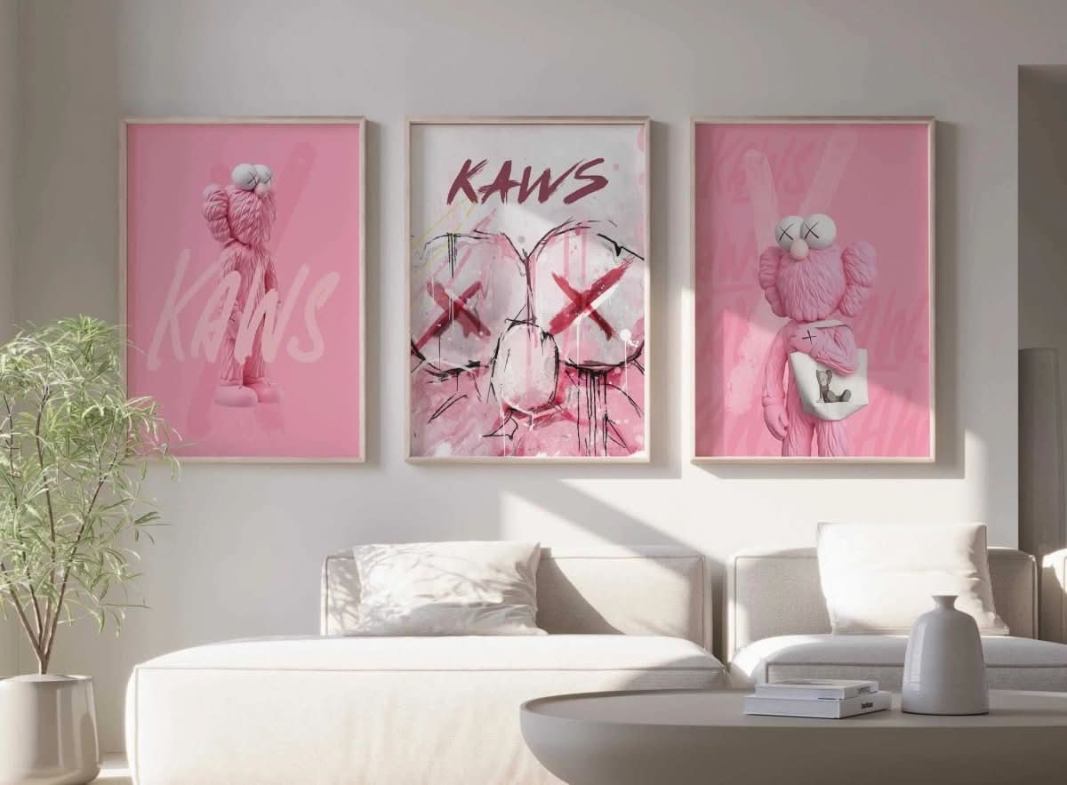Fresh design in Pink Hypebeast Wall Art Set featuring trendy KAWS-inspired visuals for modern spaces.