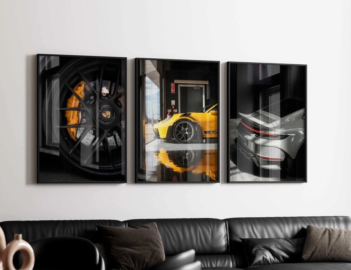 Porsche GT3 RS Wall Art Set of 4 featuring framed modern digital art prints of a yellow luxury car in living room decor — Haus of Prints