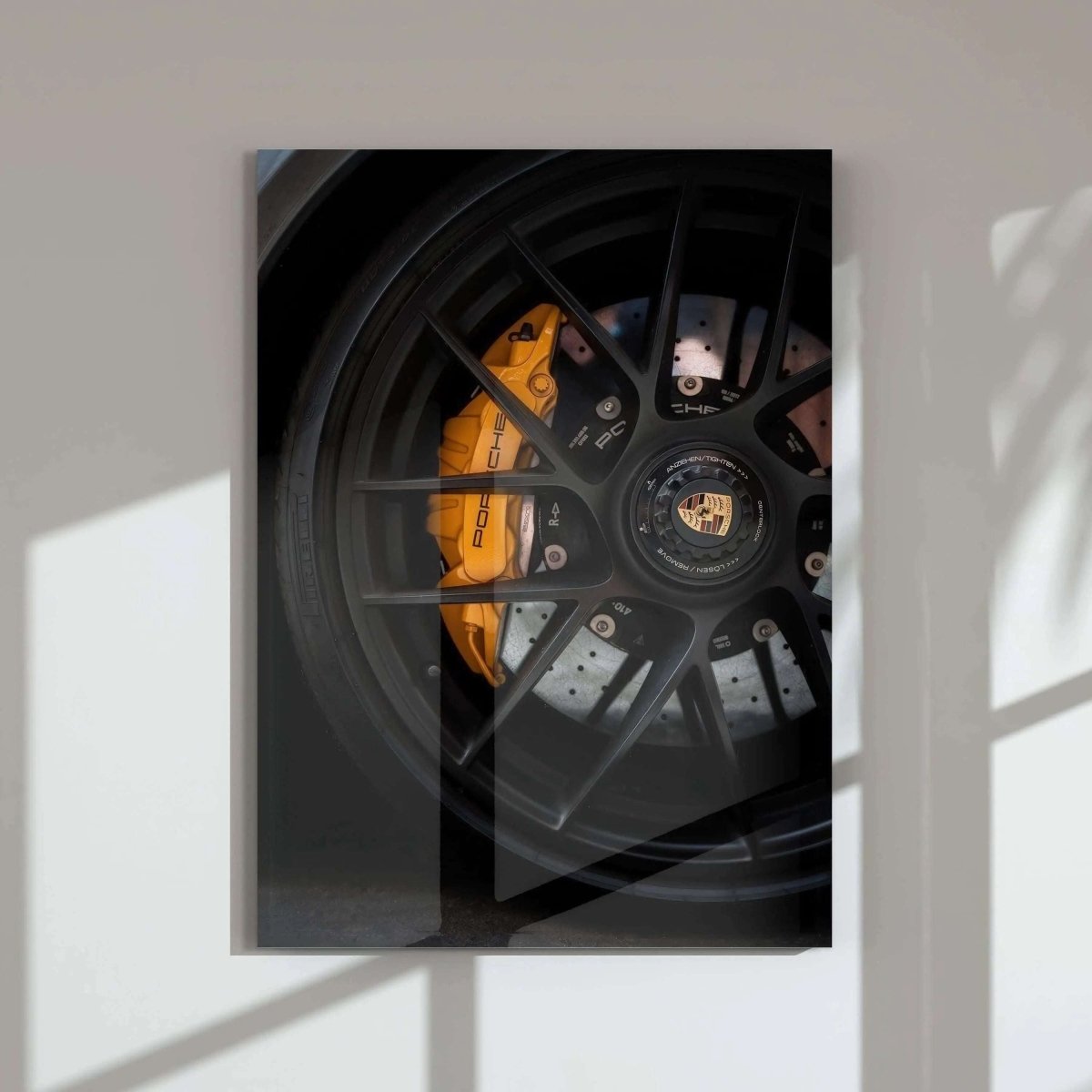 Close-up digital wall art print of Porsche GT3 RS brake caliper and wheel, modern automotive artwork for home decor, Haus of Prints.