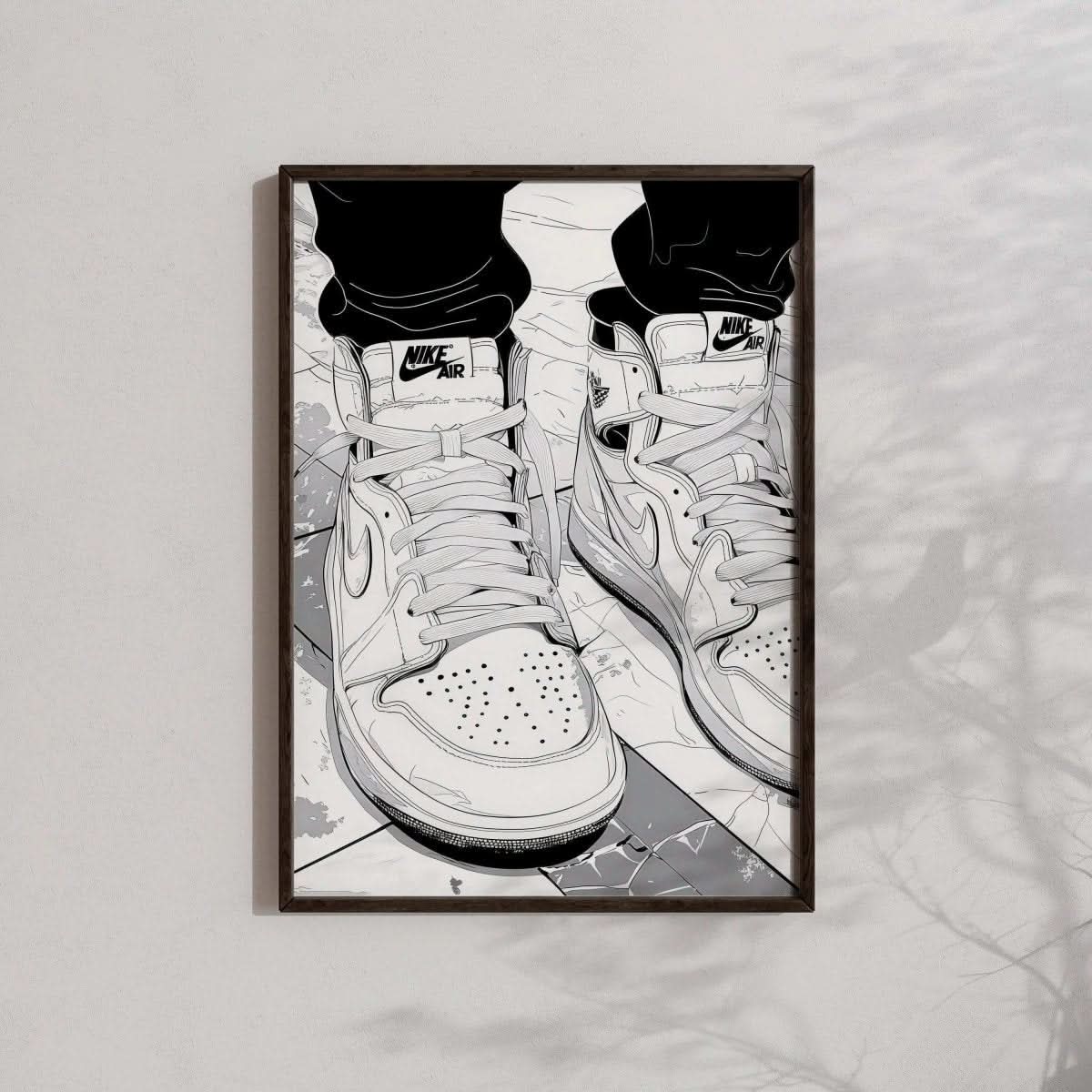 Close-up view of sneakers showcasing intricate details, ideal for wall display.
