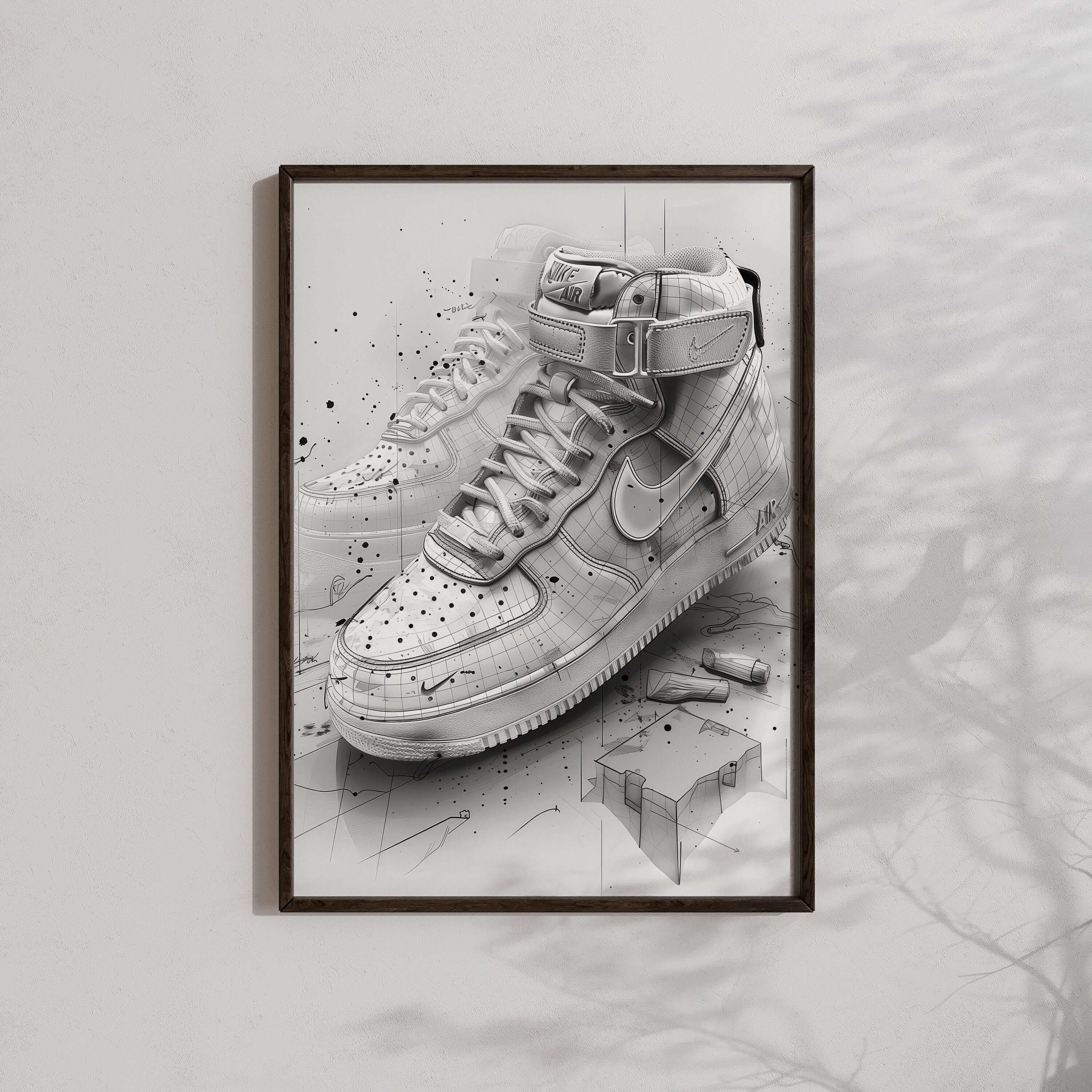 Realistic black and white artwork of sneakers integrated with abstract design elements for modern decor.
