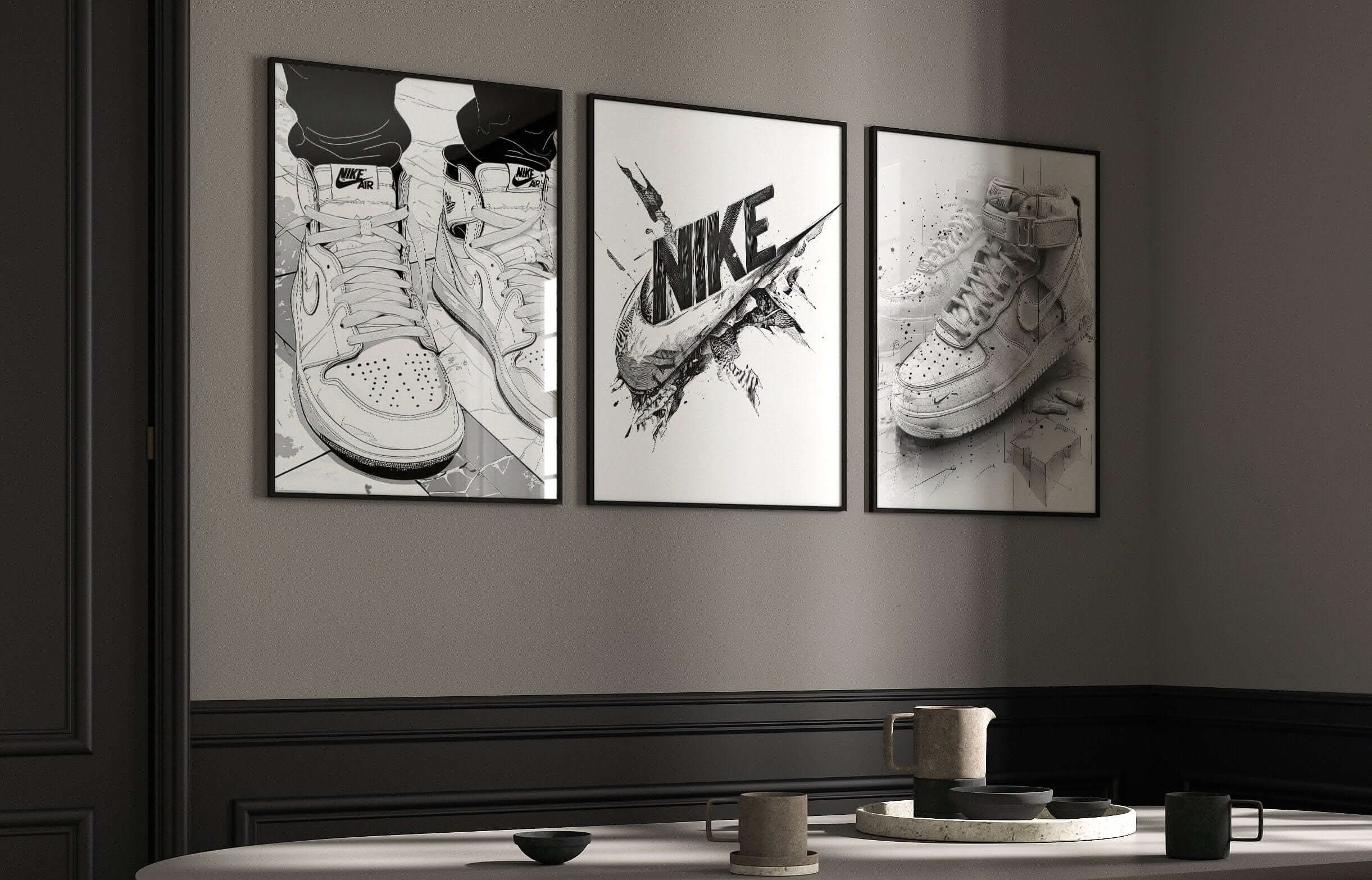 Printable Sneaker Wall Art Set of 3 featuring monochrome sneaker art prints in a modern living room setting — HAUS OF PRINTS