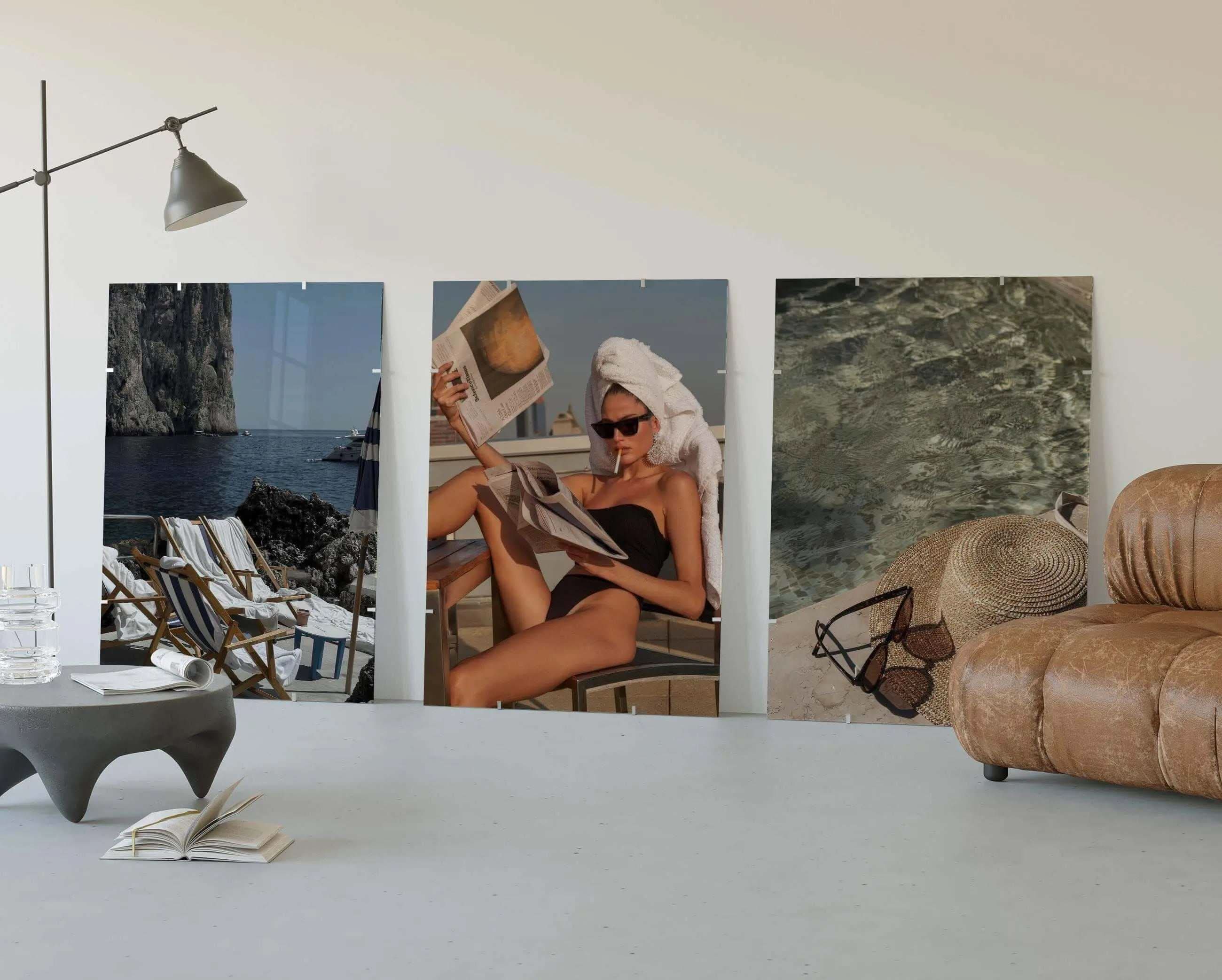 Printable Vintage Fashion Set of 3 Posters featuring beachwear scenes as digital wall art for modern decor by Haus of Prints.