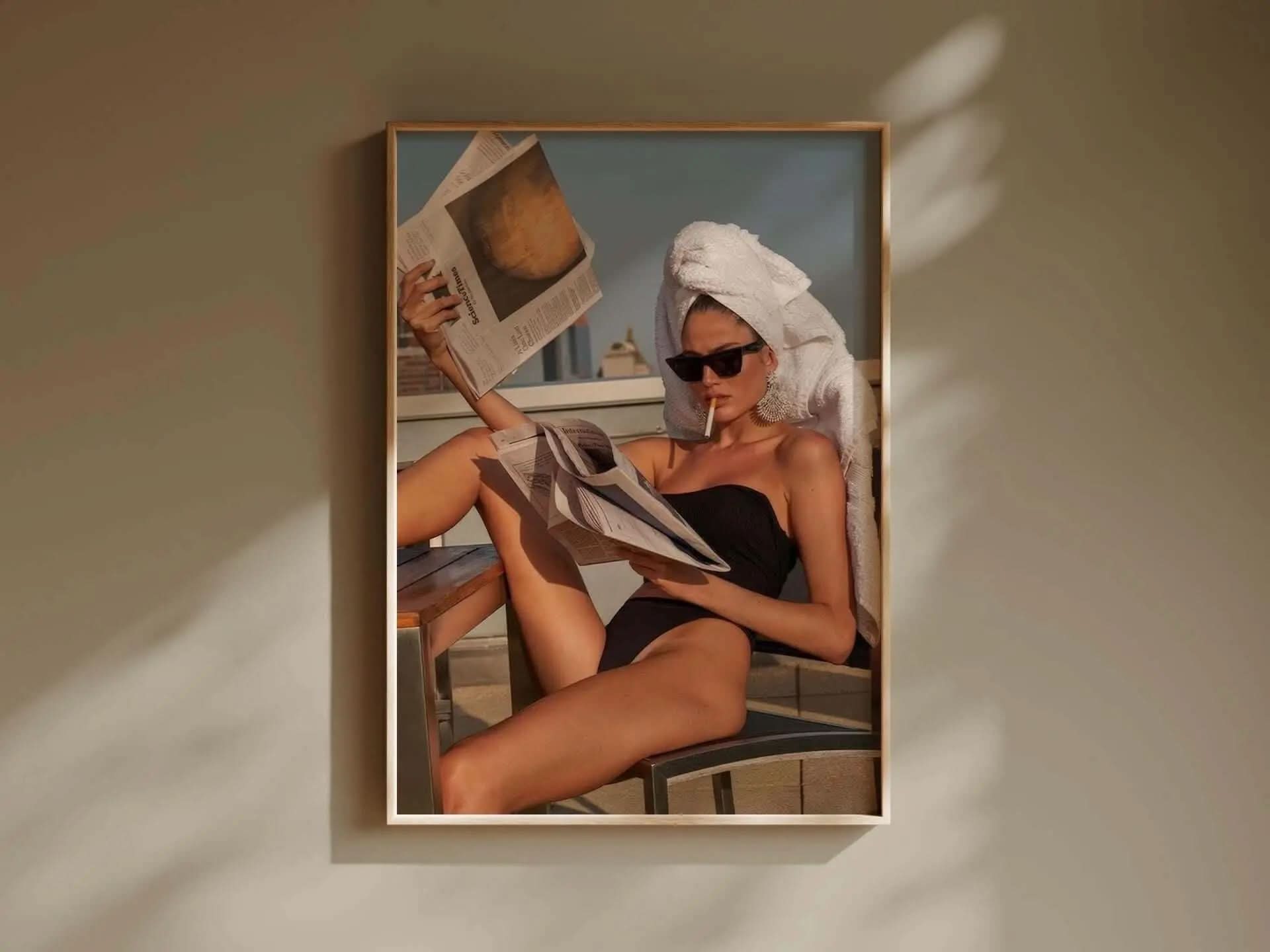 Printable Vintage Fashion Set of 3 Posters featuring stylish woman in swimsuit reading, framed digital wall art by Haus of Prints.
