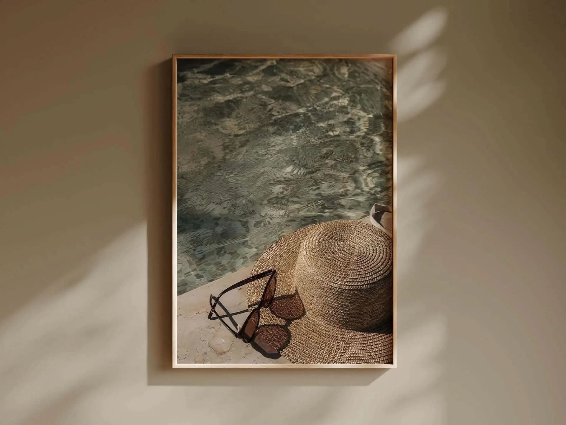 Vintage fashion digital wall art poster featuring sunglasses and a straw hat by a pool, printable wall decor for modern living room — Haus of Prints.
