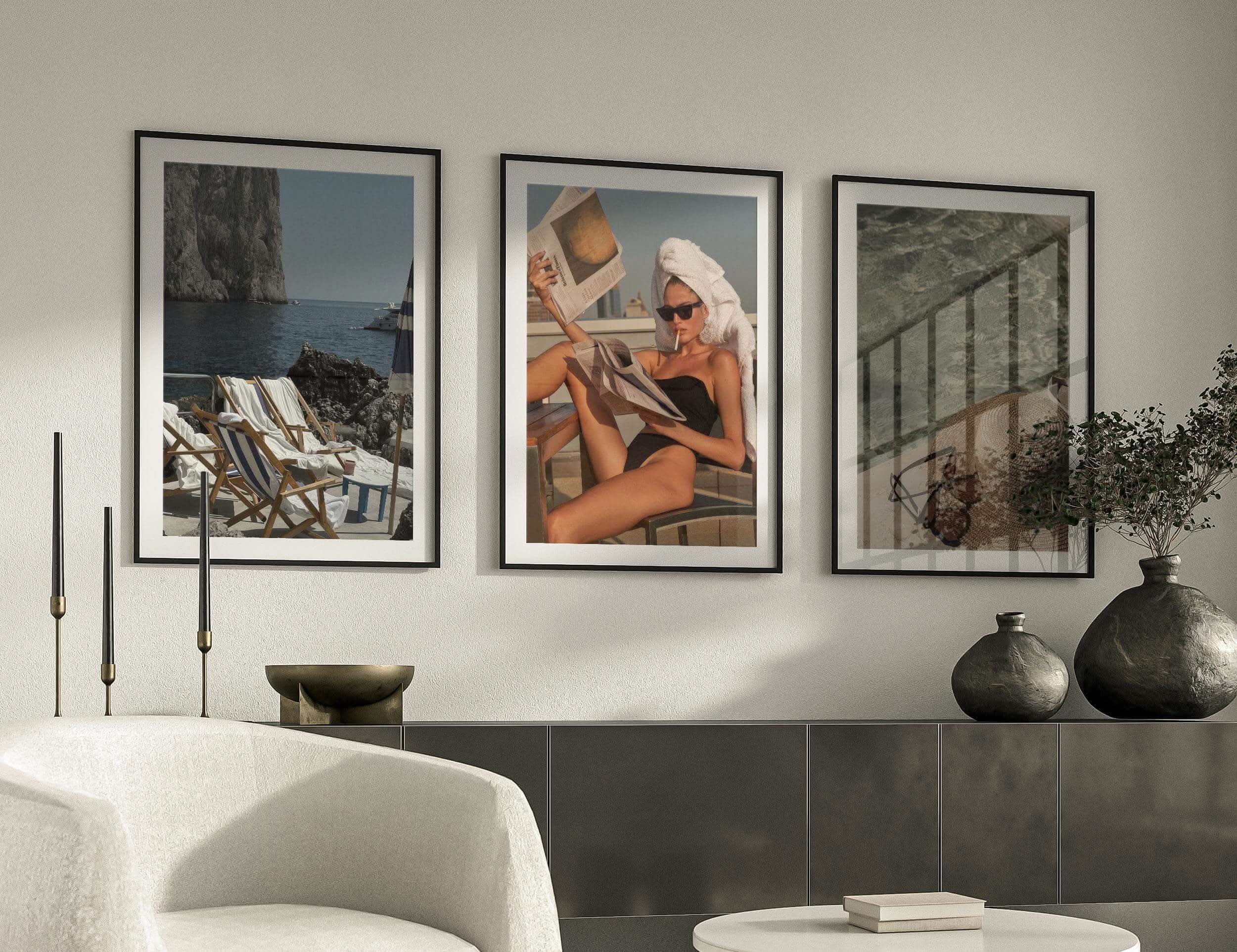 Printable Vintage Fashion Set of 3 Posters featuring retro beach scenes and stylish woman, digital wall art for modern living room — Haus of Prints.