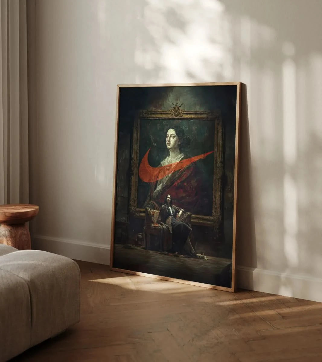 Framed Renaissance Goya-Style Fashion Art Print with Nike inspired design leaning against a wall.