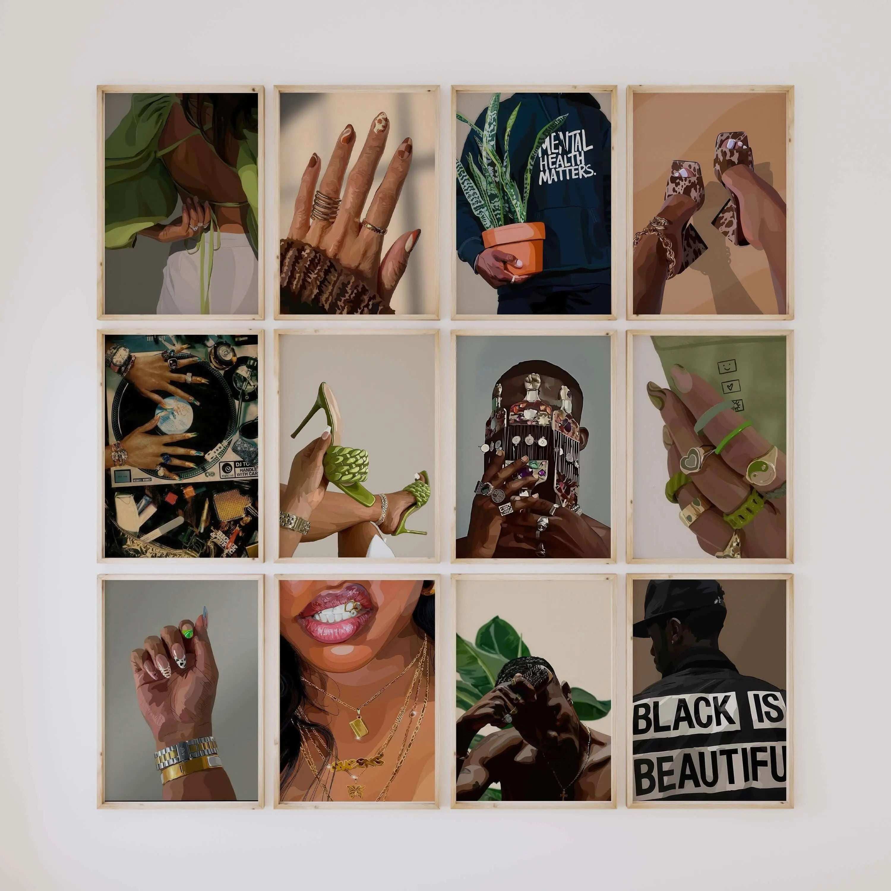 Set of 12 Minimalist Black Woman art prints in natural wood frames, featuring digital wall art and printable modern wall decor—Haus of Prints.