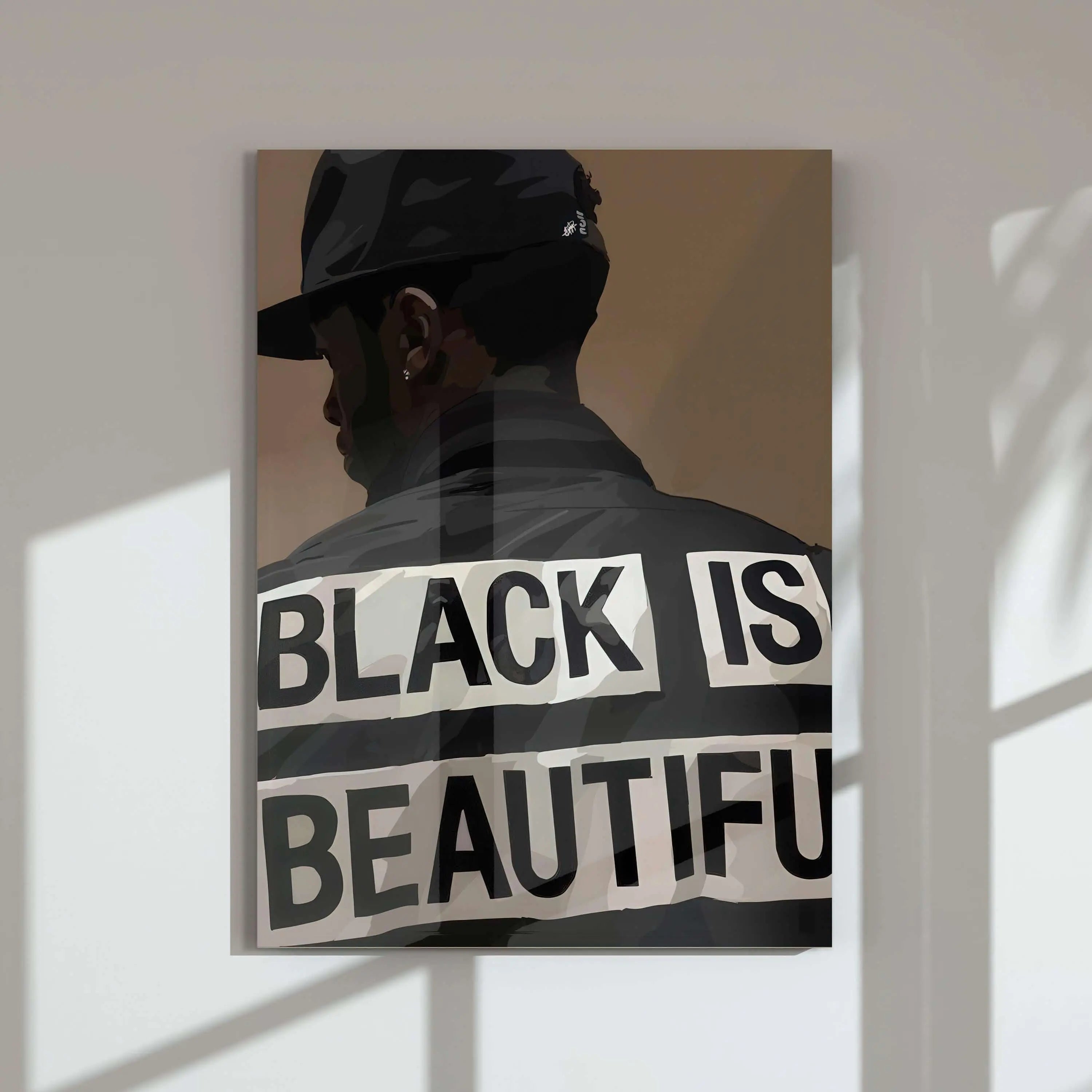 Minimalist Black Woman Art Print with "Black Is Beautiful" text, framed digital wall art for modern living room decor by Haus of Prints.