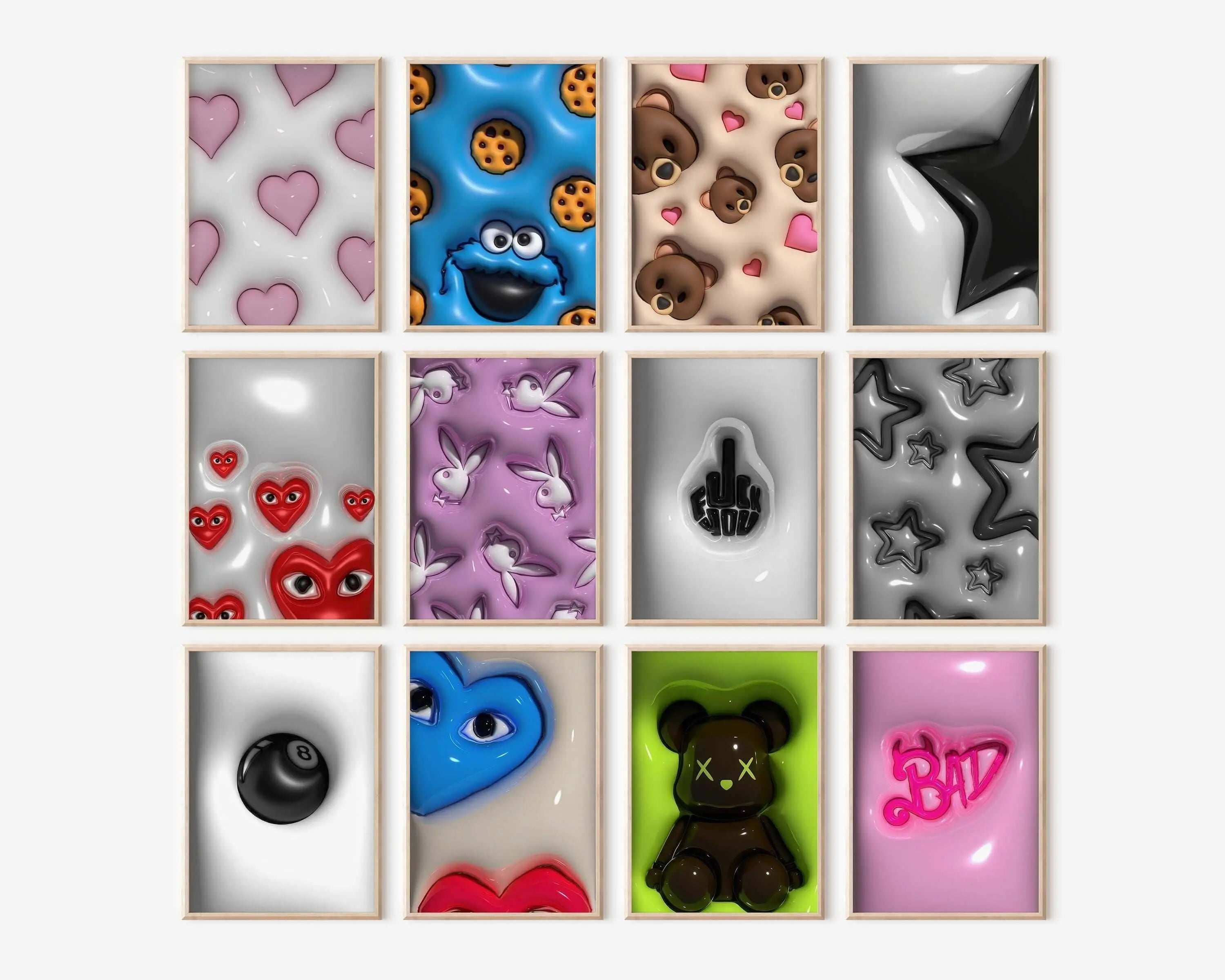 Set of 12 Trendy Hypebeast 3D Posters showcasing vibrant street culture designs for modern decor.