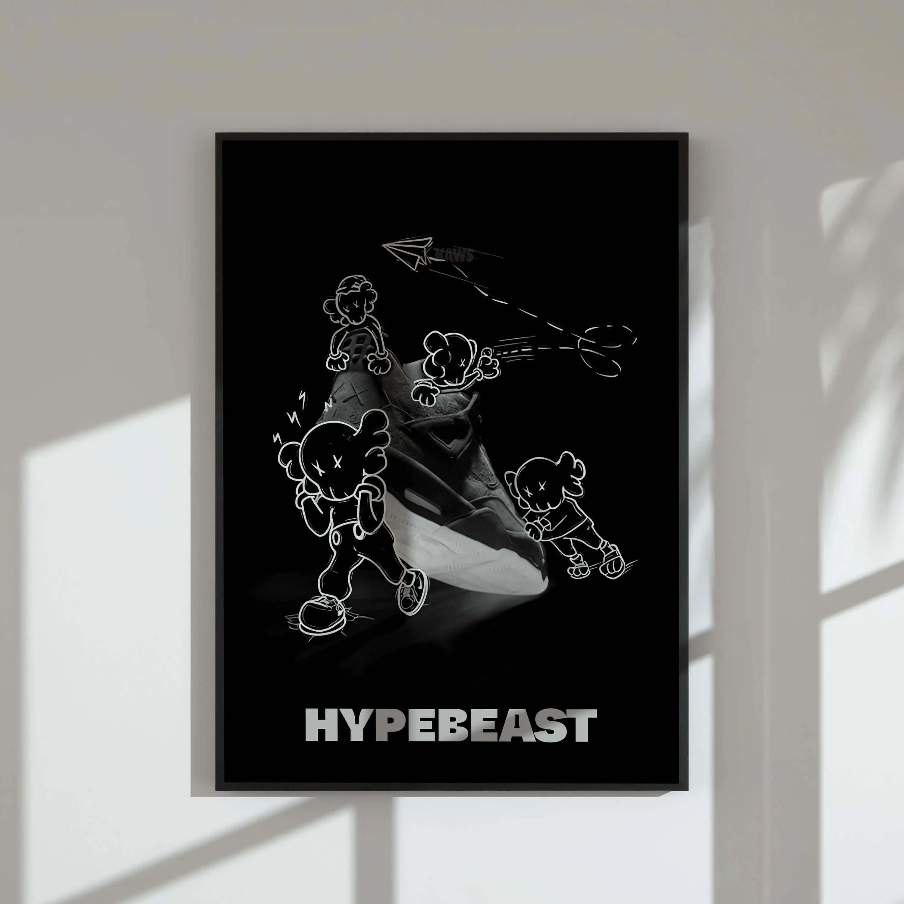 Set of 3 Black and White Hypebeast Posters illustrating fashionable KAWS characters, perfect for stylish spaces.