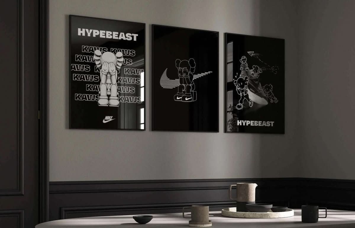 Set of 3 Black and White Hypebeast Posters depicting contemporary KAWS artwork, ideal for creating a statement gallery.