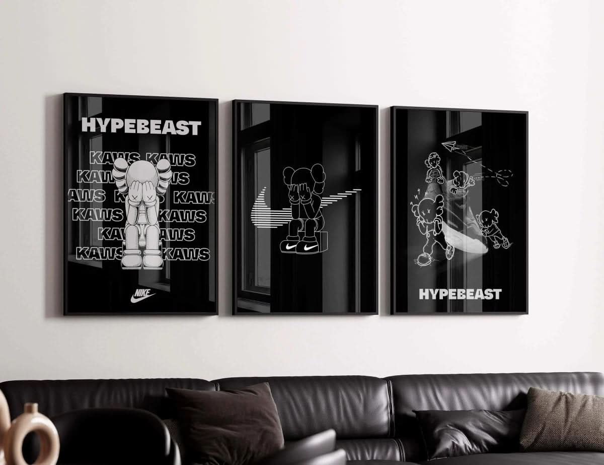 Set of 3 Black and White Hypebeast Posters with striking KAWS designs, ideal for elevating contemporary decor.