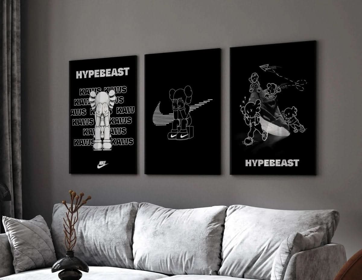 Set of 3 Black and White Hypebeast Posters capturing contemporary culture, ideal for creating a dynamic gallery wall.