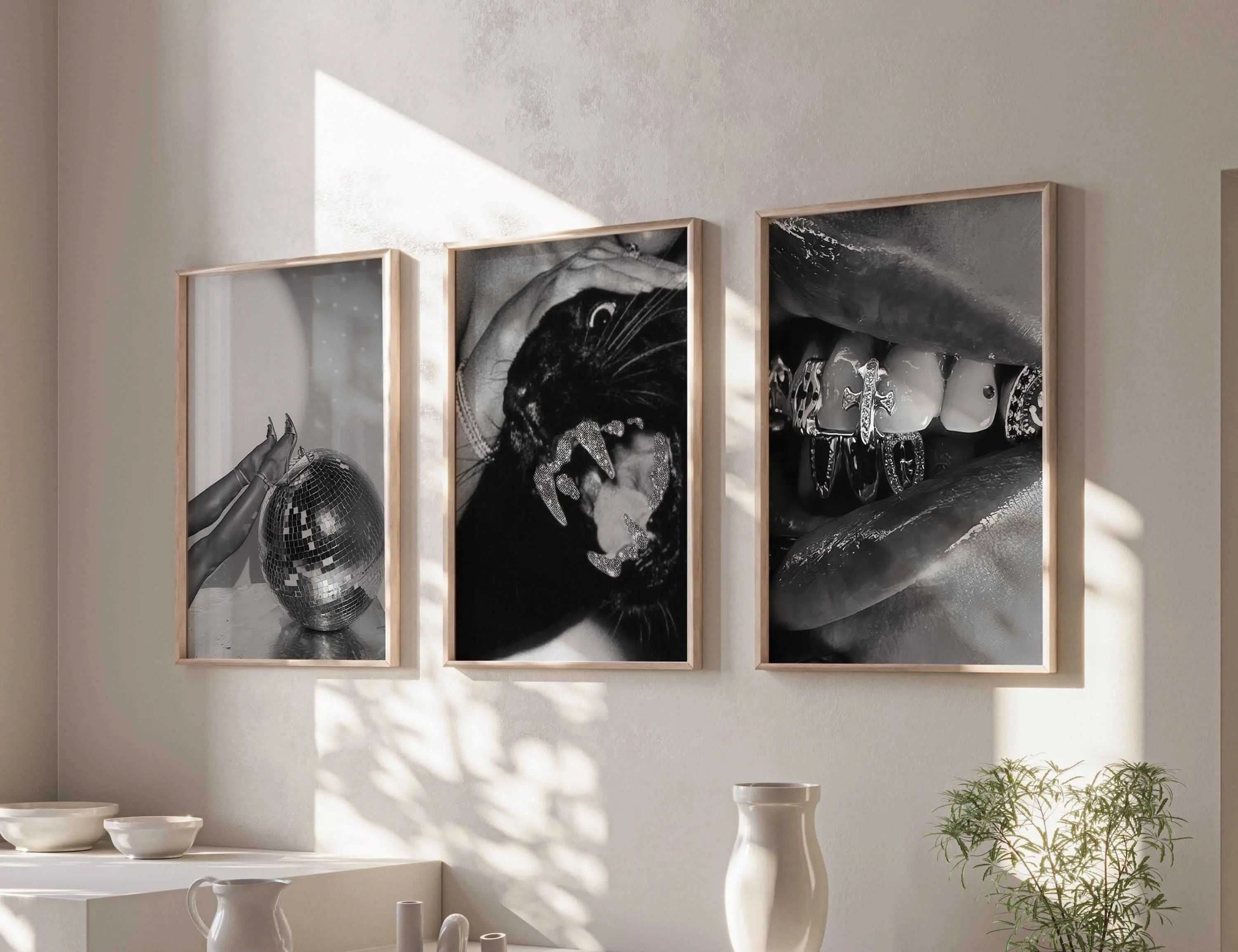 Set of 3 Chic Fashion Digital Download featuring black and white fashion art prints framed in a modern living room by Haus of Prints.
