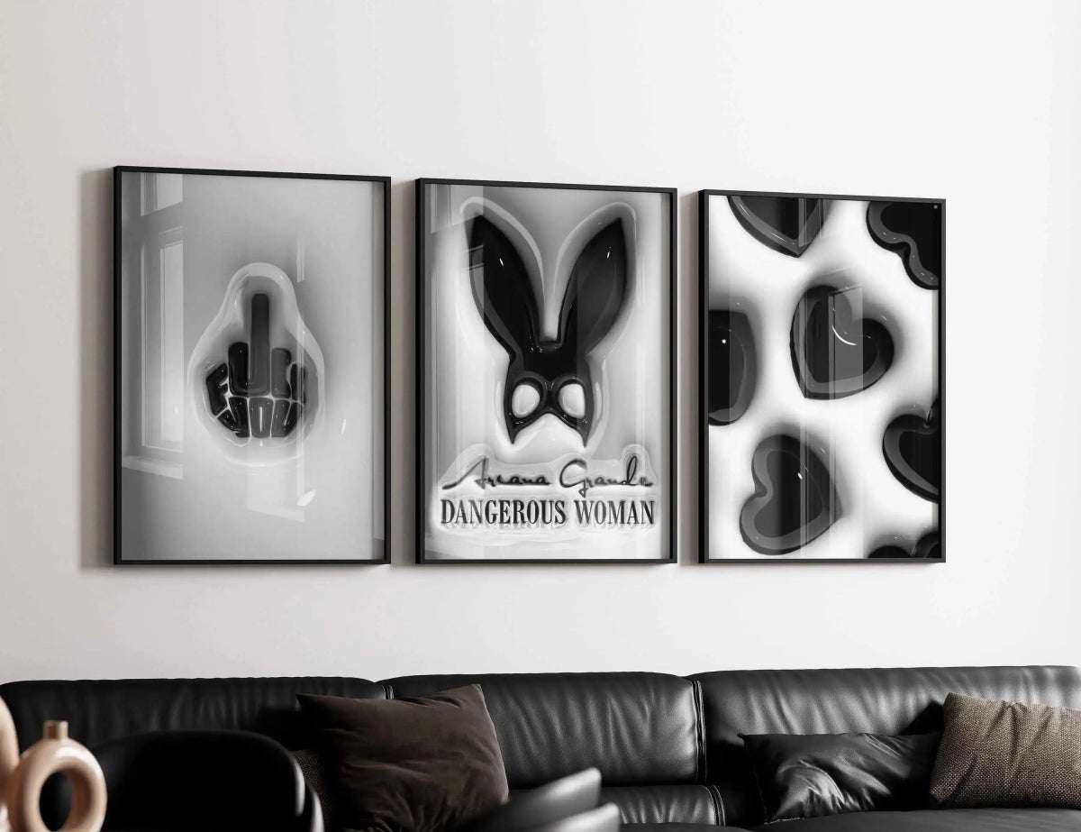 Artistic portrayal of HYPEBEAST posters with striking black and white designs, perfect for modern spaces.