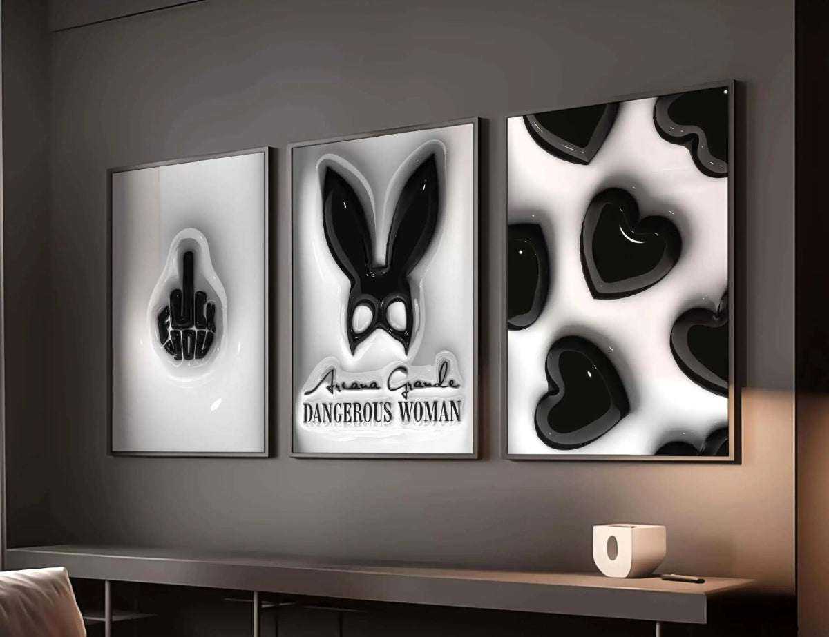 Set of 3 Hypebeast Black and White Posters showcasing unique artwork for fashionable interior aesthetics.
