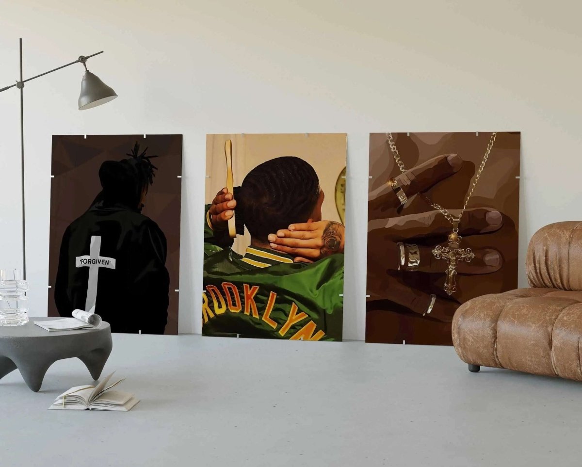 Set of 3 Printable Black Man Wall Art featuring Afrocentric digital art prints in a modern living room by Haus of Prints.