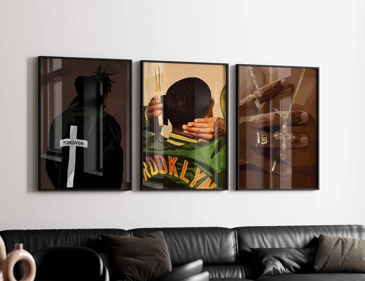 Set of 3 printable Afrocentric digital wall art prints featuring Black men in modern living room decor by Haus of Prints.