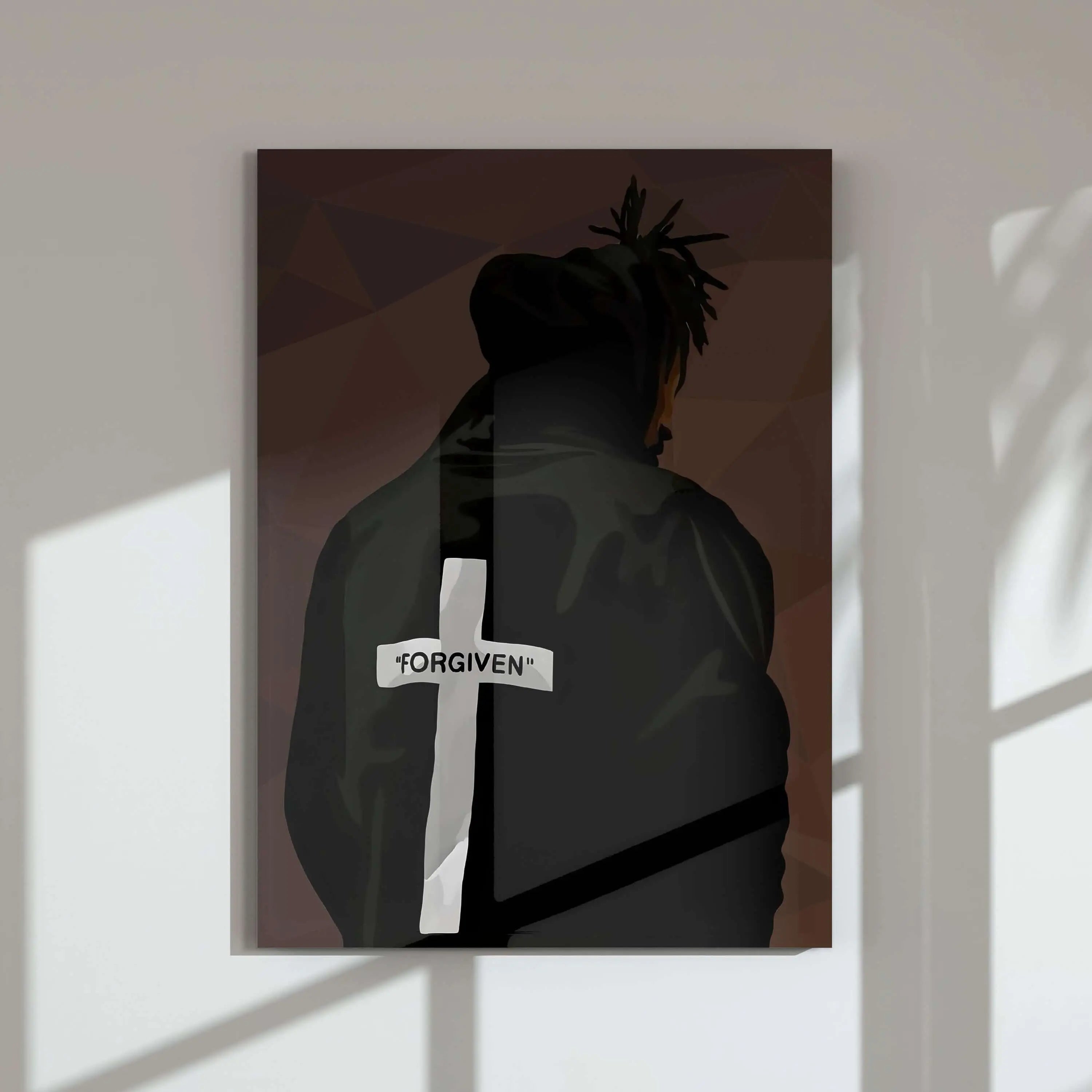 Set of 3 Printable Black Man Wall Art featuring Afrocentric digital wall art with dark tones and "FORGIVEN" cross design, modern living room decor, HAUS OF PRINTS.