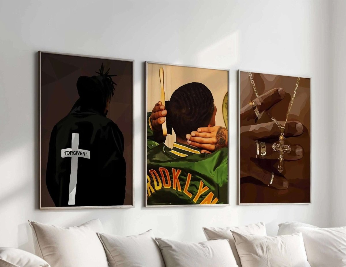 Set of 3 printable Afrocentric digital wall art featuring Black men and jewelry in a modern living room by Haus of Prints.