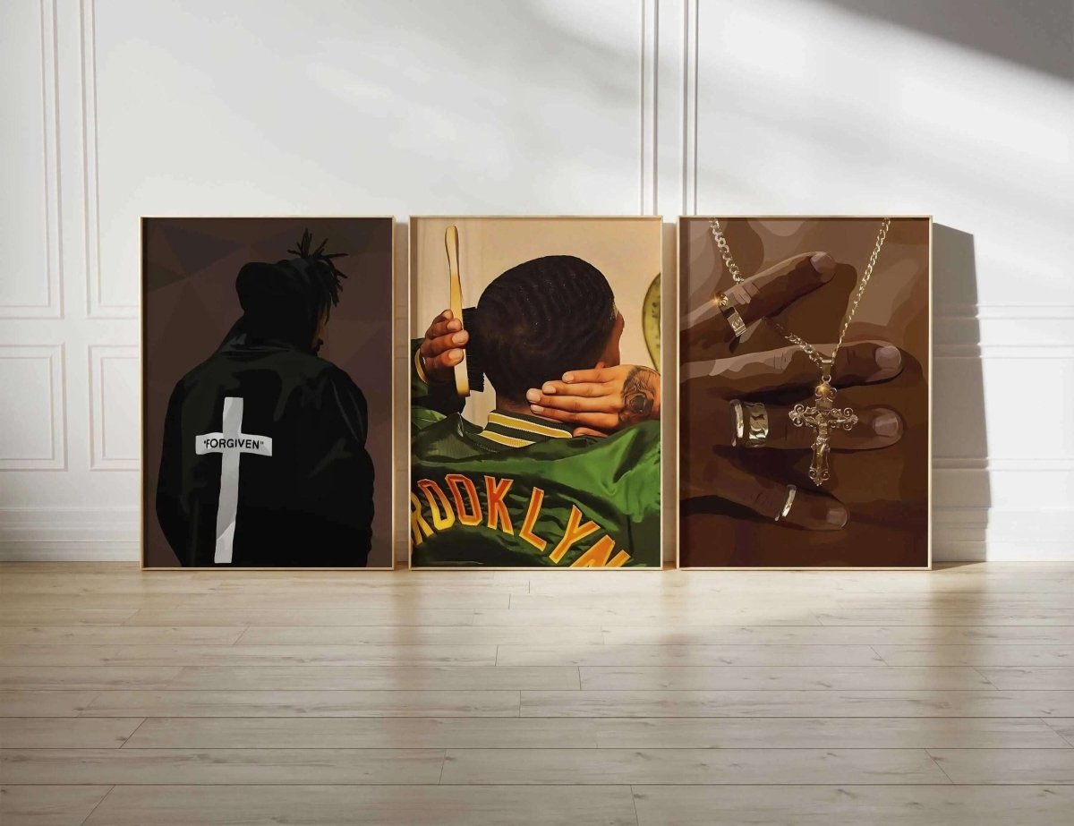 Set of 3 Printable Black Man Wall Art with Afrocentric digital art prints displayed on floor, perfect for modern living room decor — Haus of Prints