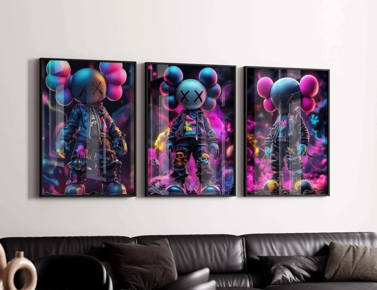 Artistic representation of the complete Set of 3 HYPEBEAST KAWS Teen Room Gaming Posters emphasizing gaming culture.