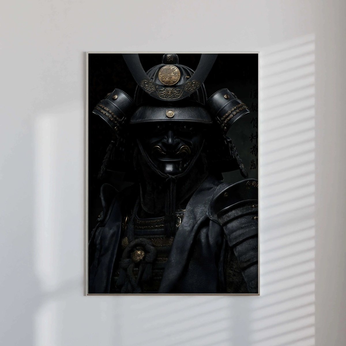 Shadow Honor I – Black Samurai digital wall art print framed on white wall in modern home decor by Haus of Prints