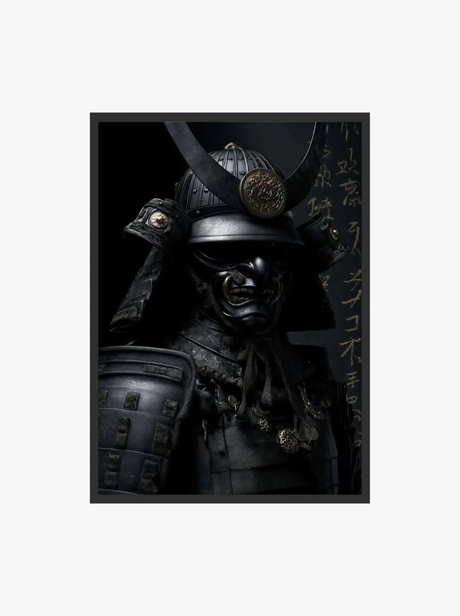 Dark, detailed digital wall art print of a Japanese warrior in samurai armor, modern printable art — Shadow Honor Triptych, Haus of Prints.