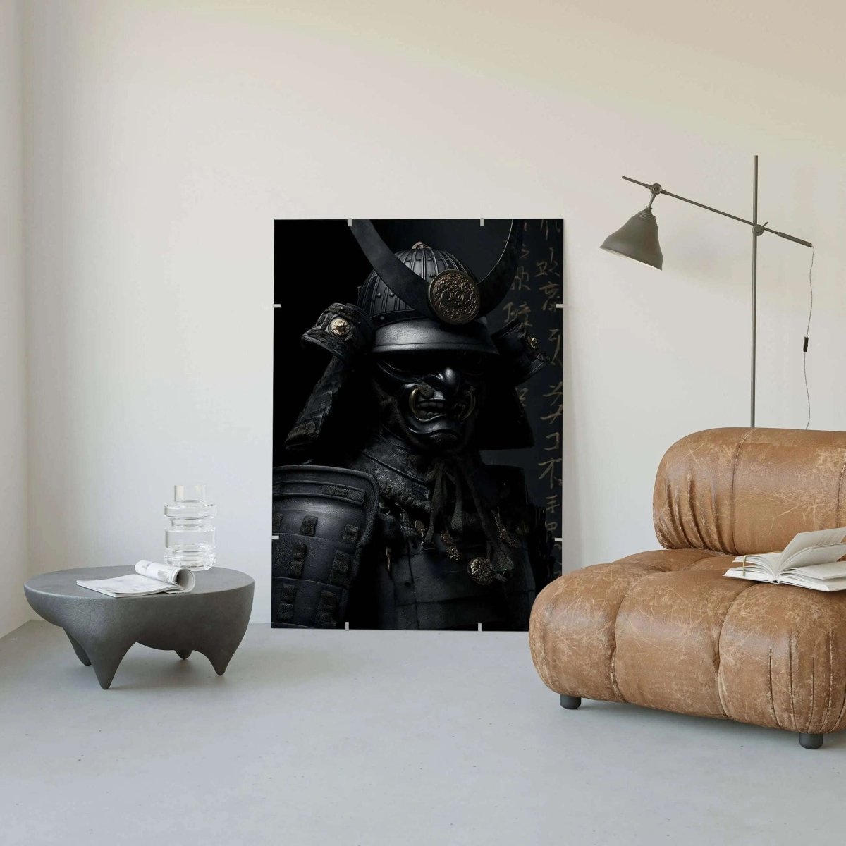 Shadow Honor II Black Samurai digital wall art print displayed in minimalist living room, modern art by Haus of Prints.