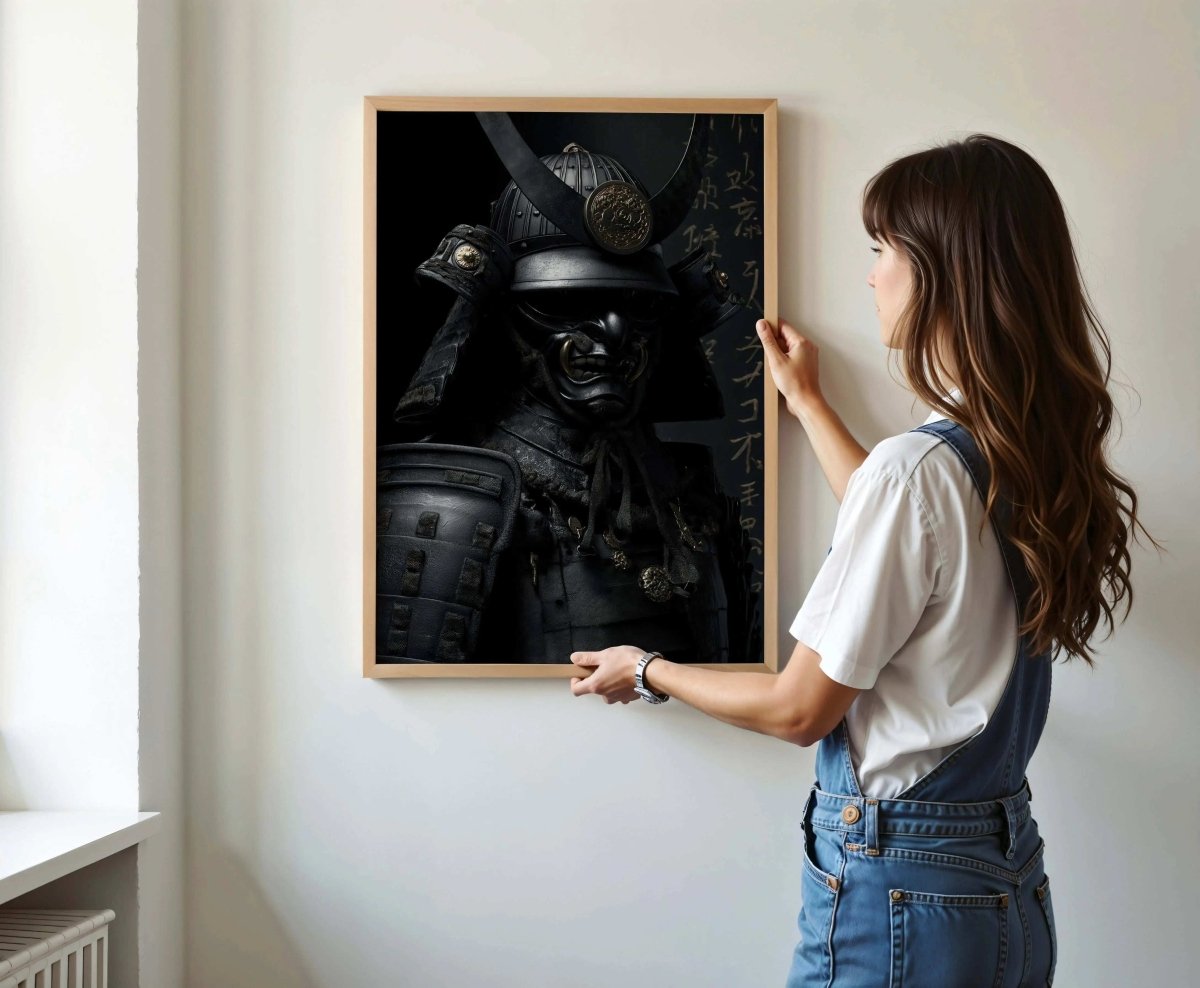 Shadow Honor II Black Samurai digital wall art framed in modern living room with minimalist decor by Haus of Prints.