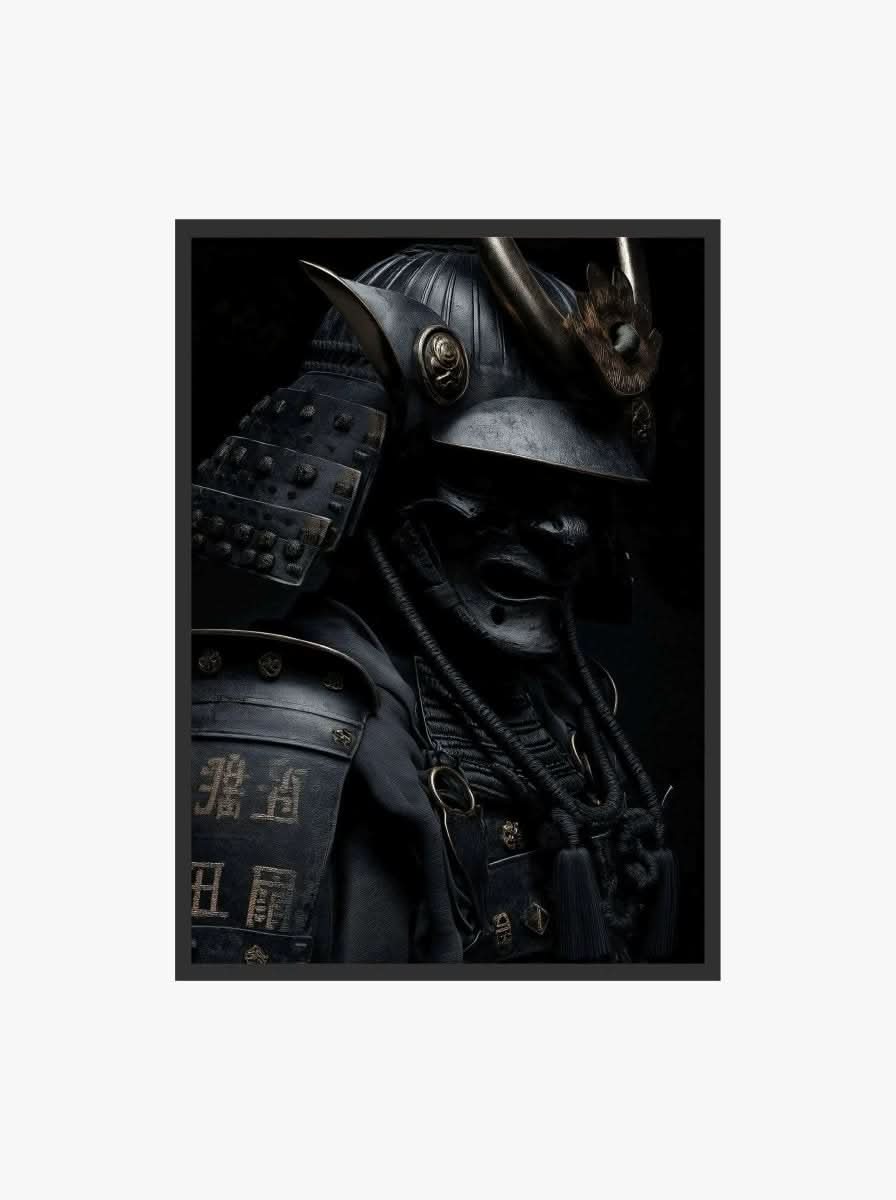 Shadow Honor III Black Samurai digital wall art print featuring dark armored warrior in dramatic lighting, modern printable art by Haus of Prints.