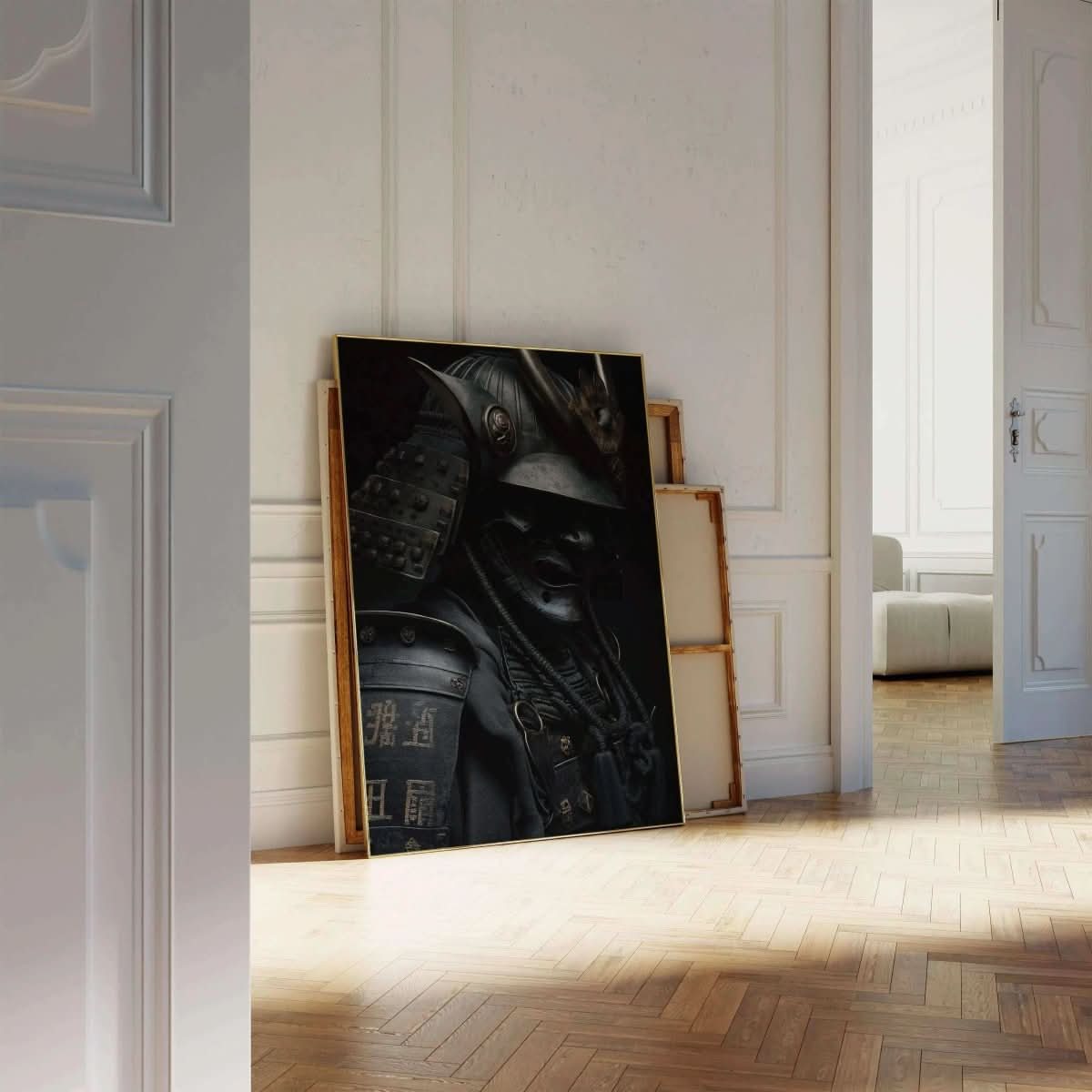 Shadow Honor III – Black Samurai Art Print leaning against a wall, emphasizing its bold and sophisticated aesthetic.