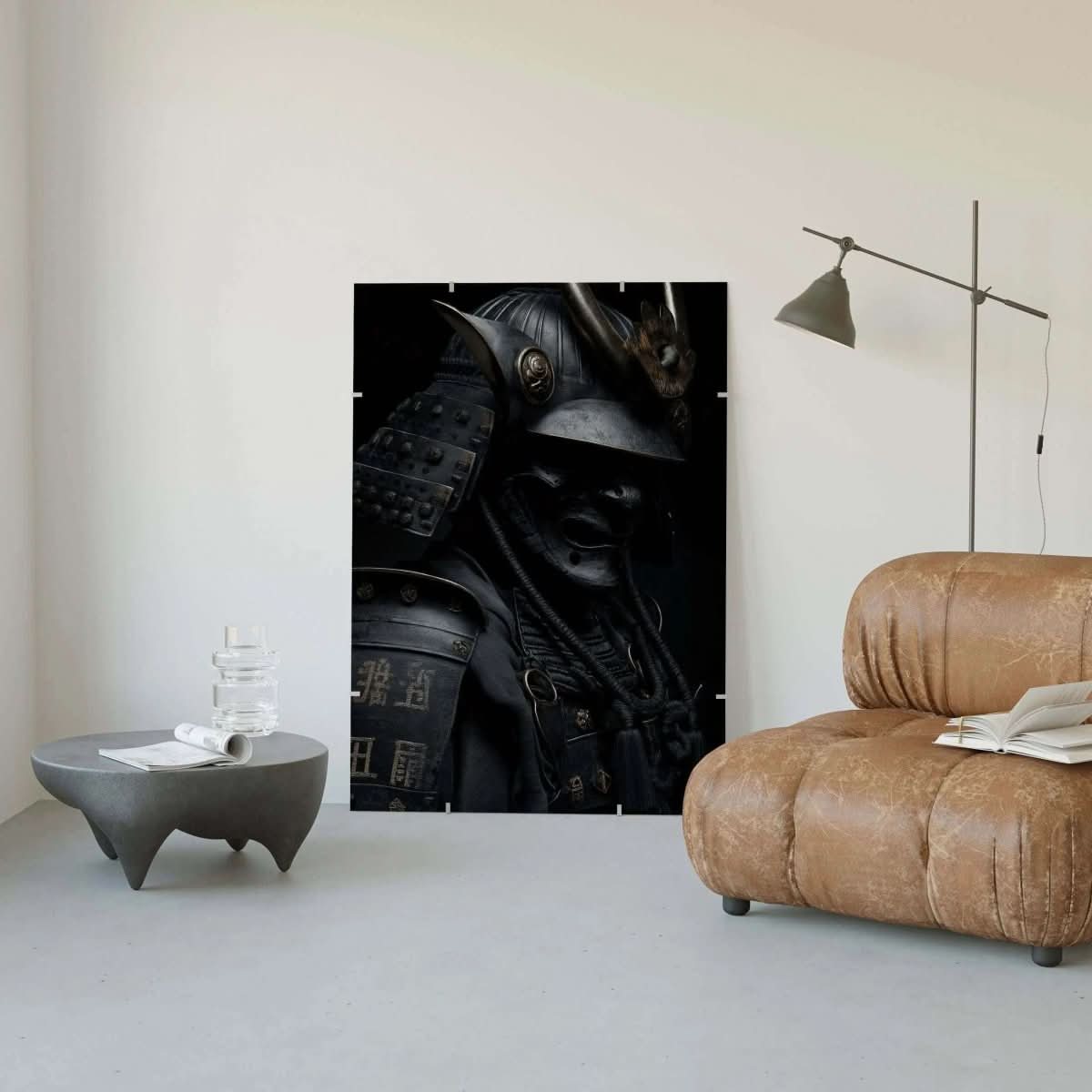 Shadow Honor III – Black Samurai Art Print displayed in a minimalist space, accentuating the elegance and boldness of the piece.