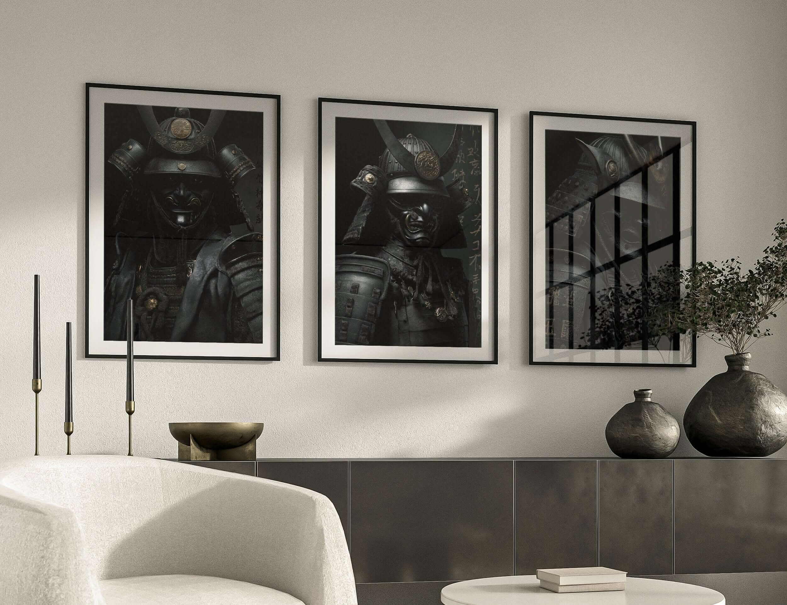 Shadow Honor Triptych Art Prints Set of 3 featuring bold Japanese warrior digital wall art in a modern living room, Haus of Prints.