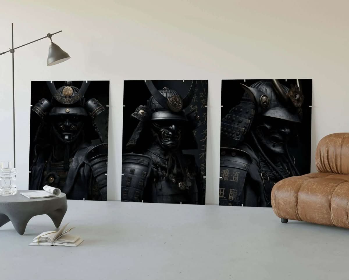 Shadow Honor Triptych Art Prints featuring samurai warriors in dark tones, modern digital wall art for living room decor by Haus of Prints.