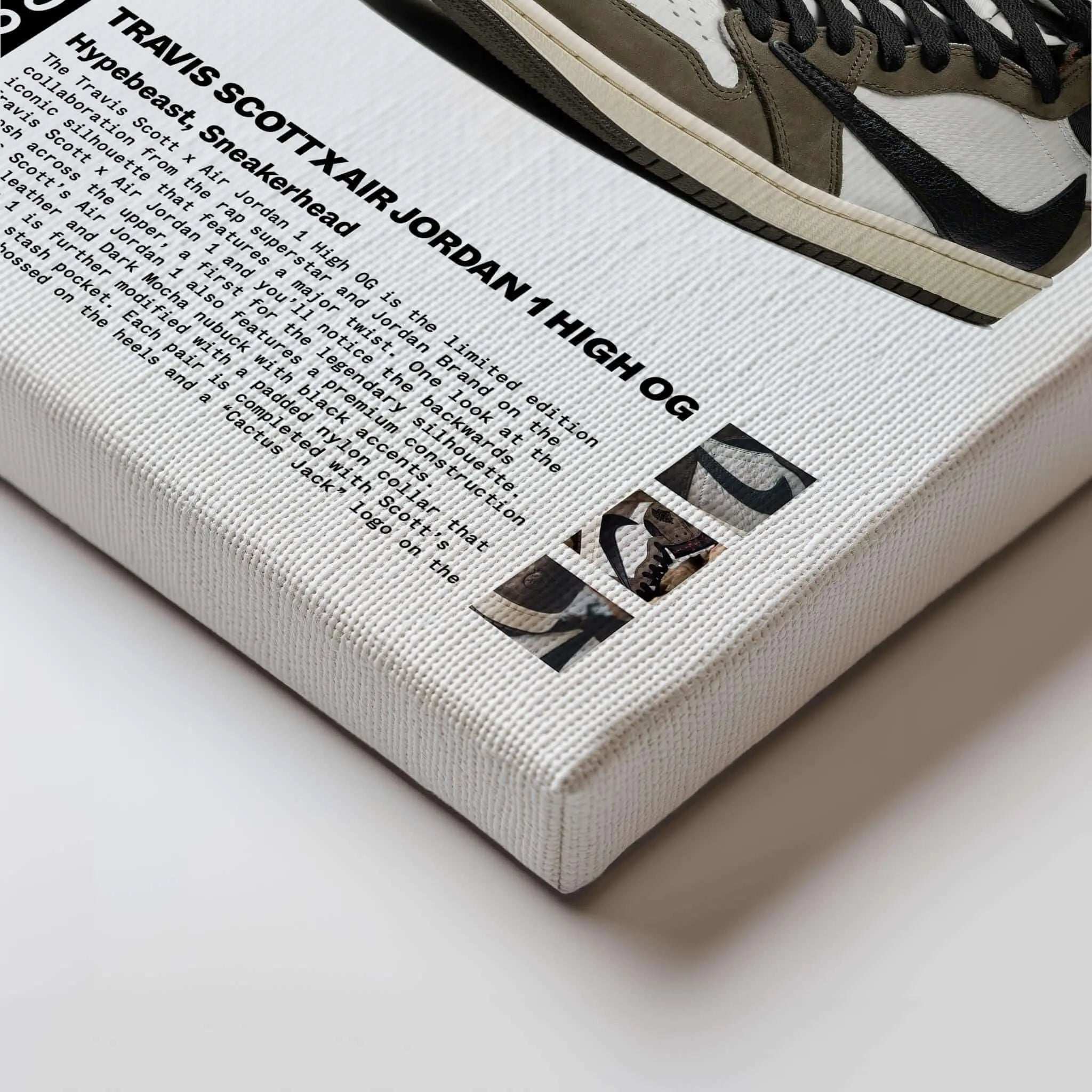 Close-up of Travis Scott x Air Jordan 1 High OG sneaker art print with detailed text and images, premium digital wall art by Haus of Prints.
