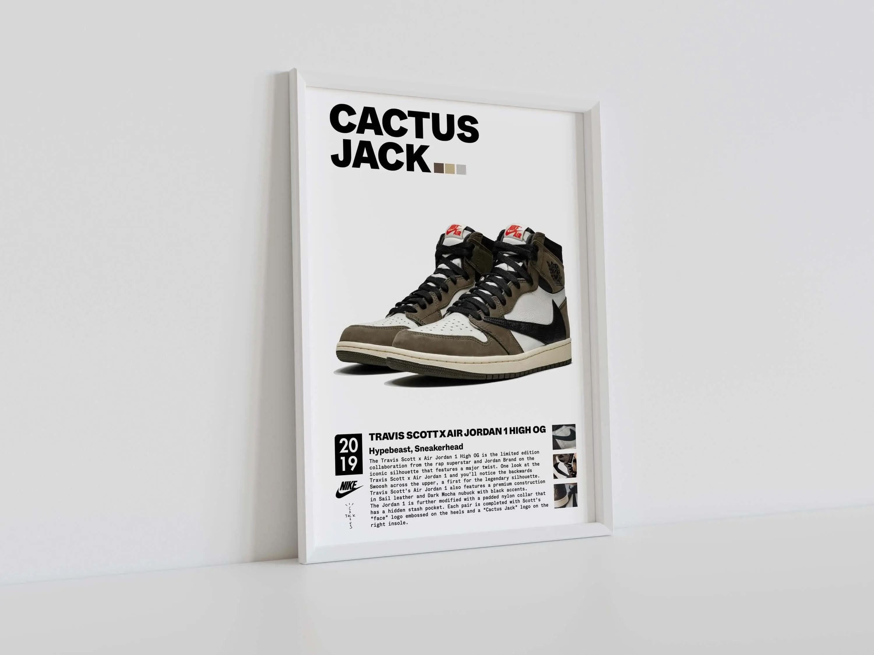 Travis Scott Air Jordan 1 High OG sneaker art printable wall art in a white frame for modern home decor — Sneaker Art Print Set of 3, Haus of Prints.